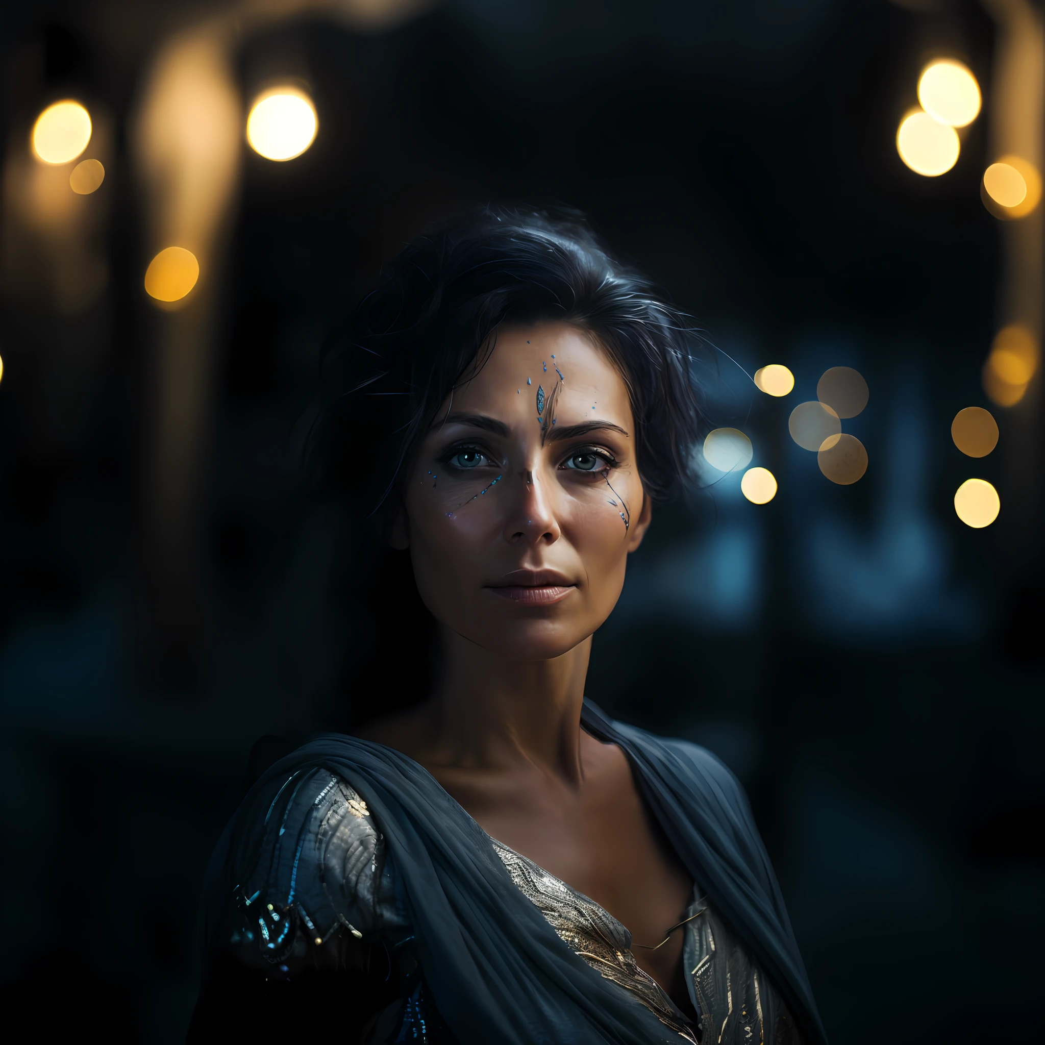 arafed woman with a face tattoo in a dark room, cinematic portrait, dramatic cinematic portrait, portrait shot 8 k, cinematic goddess shot, cinematic goddess close shot, cinematic shot epic portraits, soft portrait shot 8 k, cinematic headshot portrait, movie still 8 k, matte painting portrait shot, dramatic epic cinematic lighting, portrait of a barbarian woman, bokeh top cinematic lighting