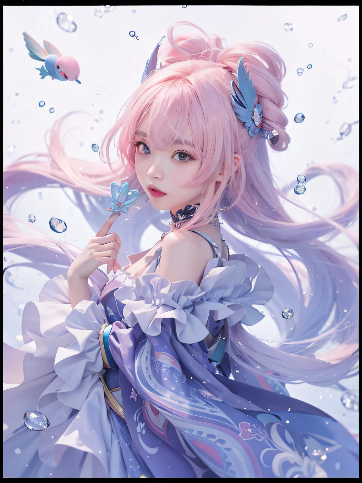 Genshin Shinkai,A pink-haired,adolable,Buble,Blue coral hair ornament