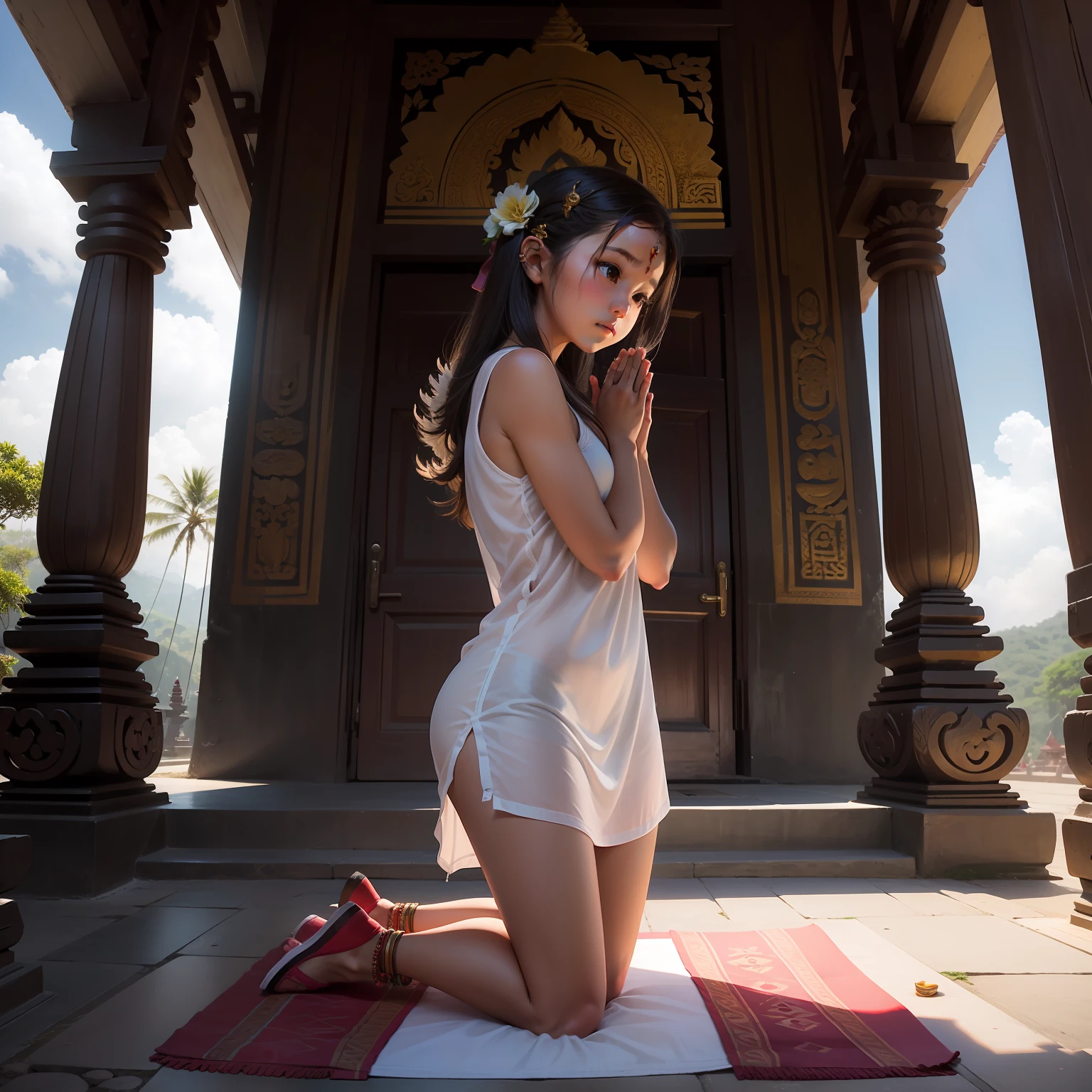1 girl, praying at tample In bali, 20yo beauty girl