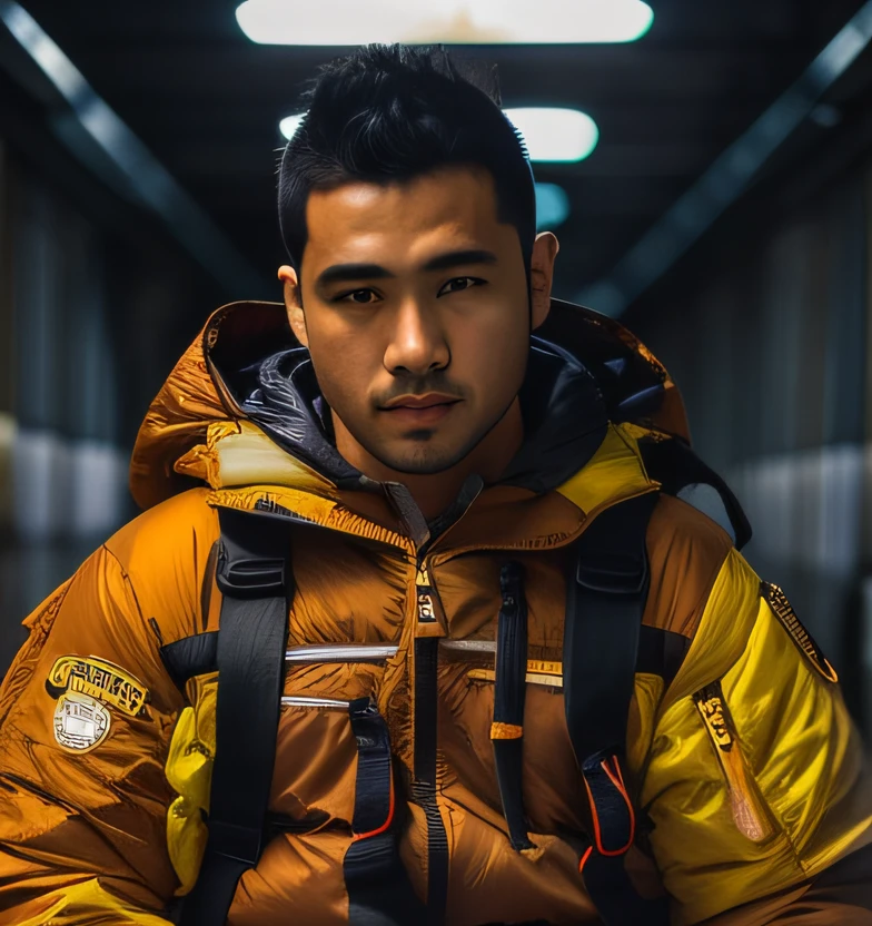 homem gordo japones em uma jaqueta amarela com mancha de sangue com uma mochila, ele tem cabelo preto e esta com manchas de sangue pela roupa