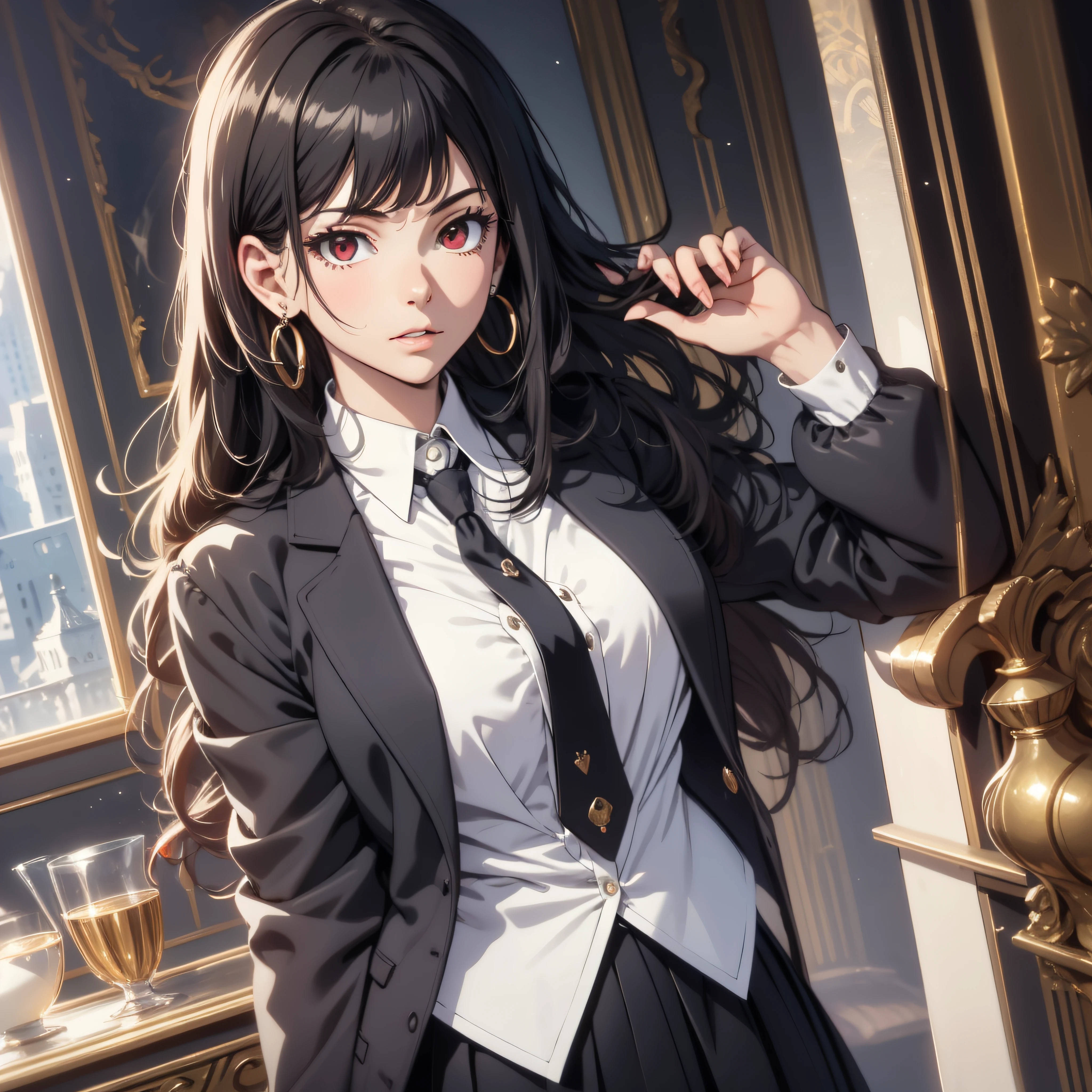 (best quality, masterpiece, ultra-detailed, extremely detailed, highres), (1girl, single, solo), 18 years old Anime girl, black hair, long raven hair, slightly wavy hair, parted bangs, Magus, red eyes, diamond earrings, long black coat, necktie, white shirt, black skirt, aristocrat, noble attire, beautiful, ethereal, elegant, prestigious, classic, royal building, natural lips, magic school
