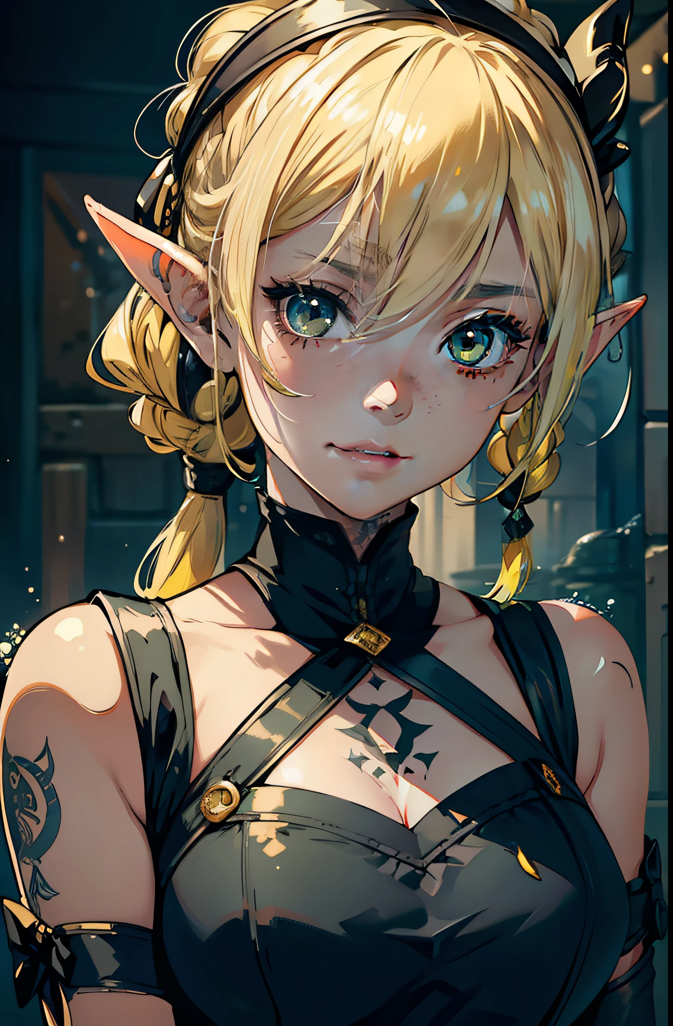 Works of masters,Top image quality,((ultra - detailed)),softlighting,Mood light,younger female,droid ,Yellow hair ,Gray eye, with tattoos ,Watery eyes,elvish ears,ssmile,Toothy smile,dual horsetail,staredown,Bow hair ornament,ta hair accessories,Headbands,borgar