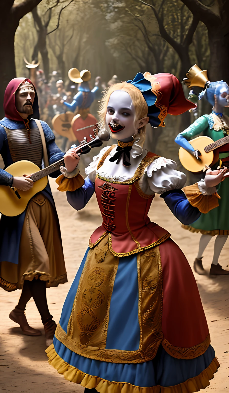 Group of minstrels and jesters dressed in typical medieval clothes and performing dances and shows. Hay muchos instrumentos. Se encuentran alrededor de una hoguera en el bosque de noche