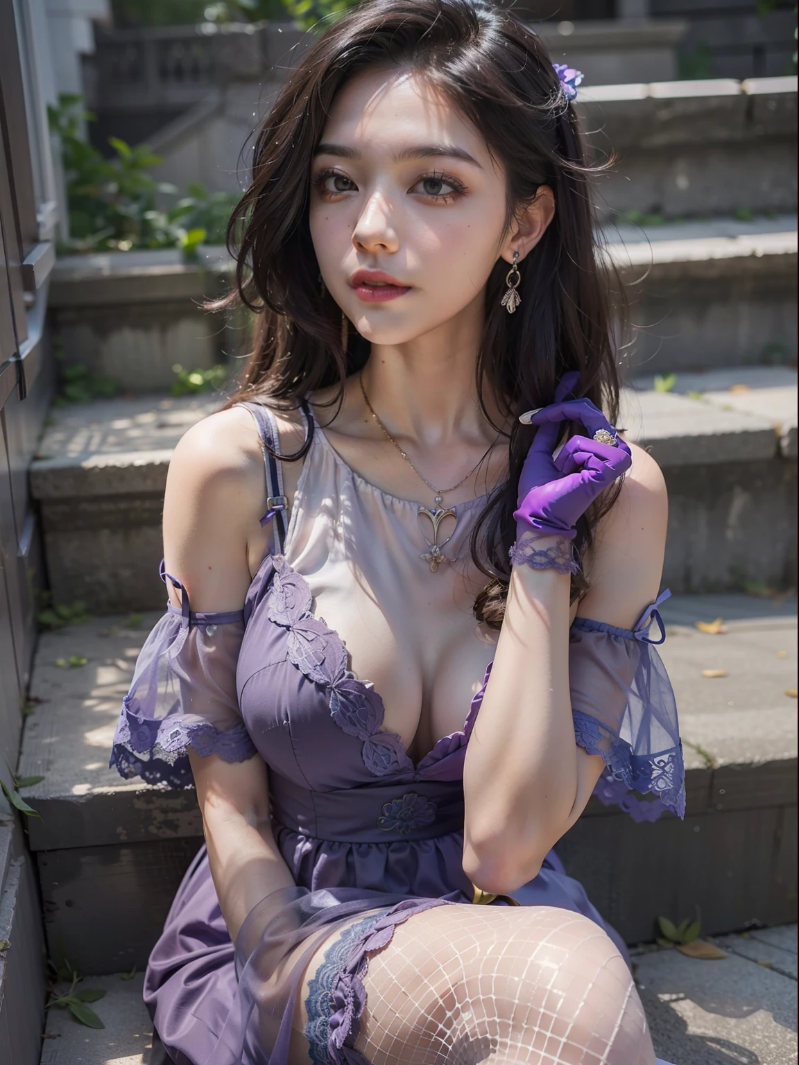 （（best qualtiy，8K，tmasterpiece：1.3））， 1girll， ssmile， full bodyesbian， Slim Faces， Beautiful woman， （dark brown  hair）， purple evening dress，Purple lace gloves ，Black tights，high-heels：1.1， Super detailed face， Detailed eyes， 二重まぶた， blur backgroun， Sitting on the steps