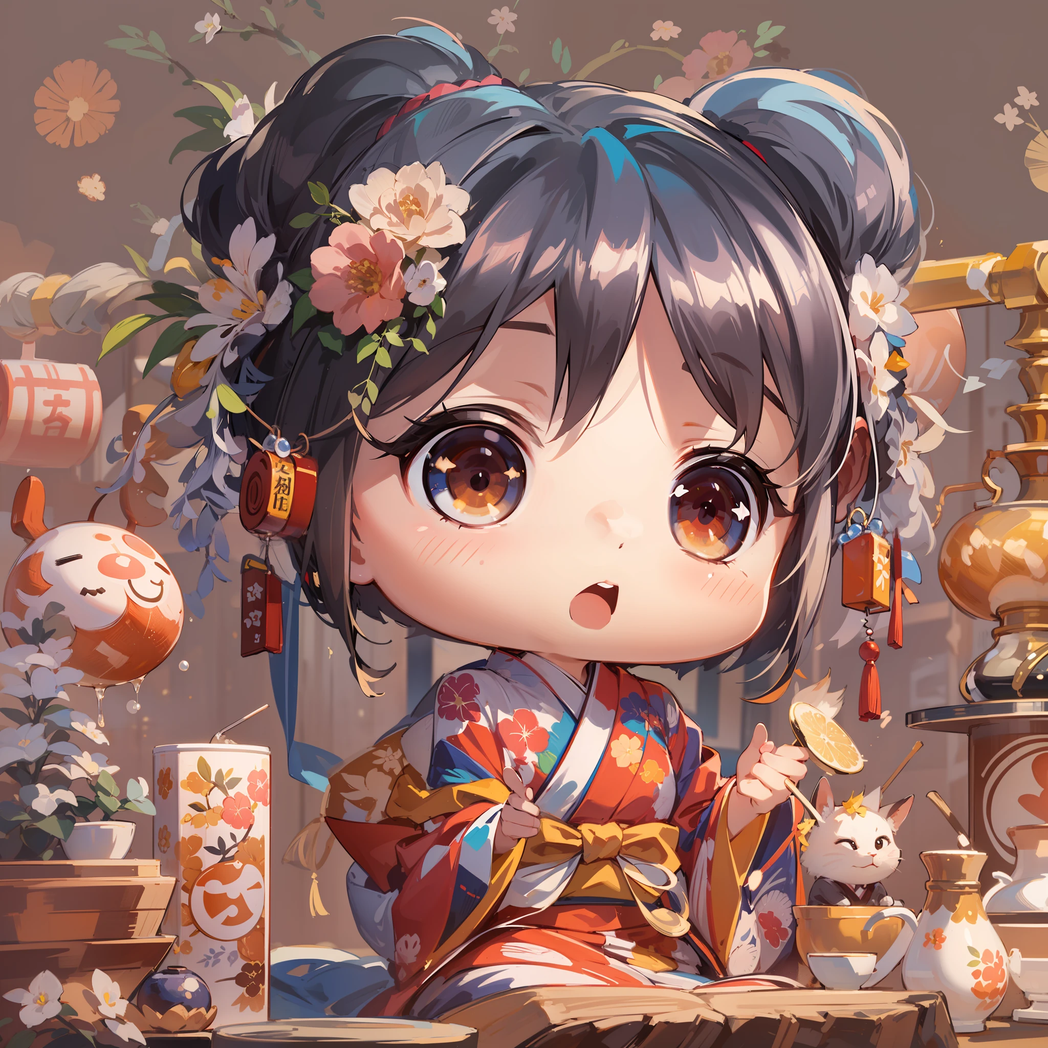 Chibi:1.5,Komono,Girl in Yukata,Blowing in the wind,Summer Festivals,natta,food stand,Spirit Stream,Big  Fireworks,poneyTail,(masutepiece: 1.3), (exquisite detailing: 1.2), Delicate and beautiful details, (Eye Detail), (Facial Detailed), (Highest Quality) :1.4), (Hyper-Resolution: 1.2), (very detailed illustration),Best Quality,depth of fields, Wide light, natural shadows