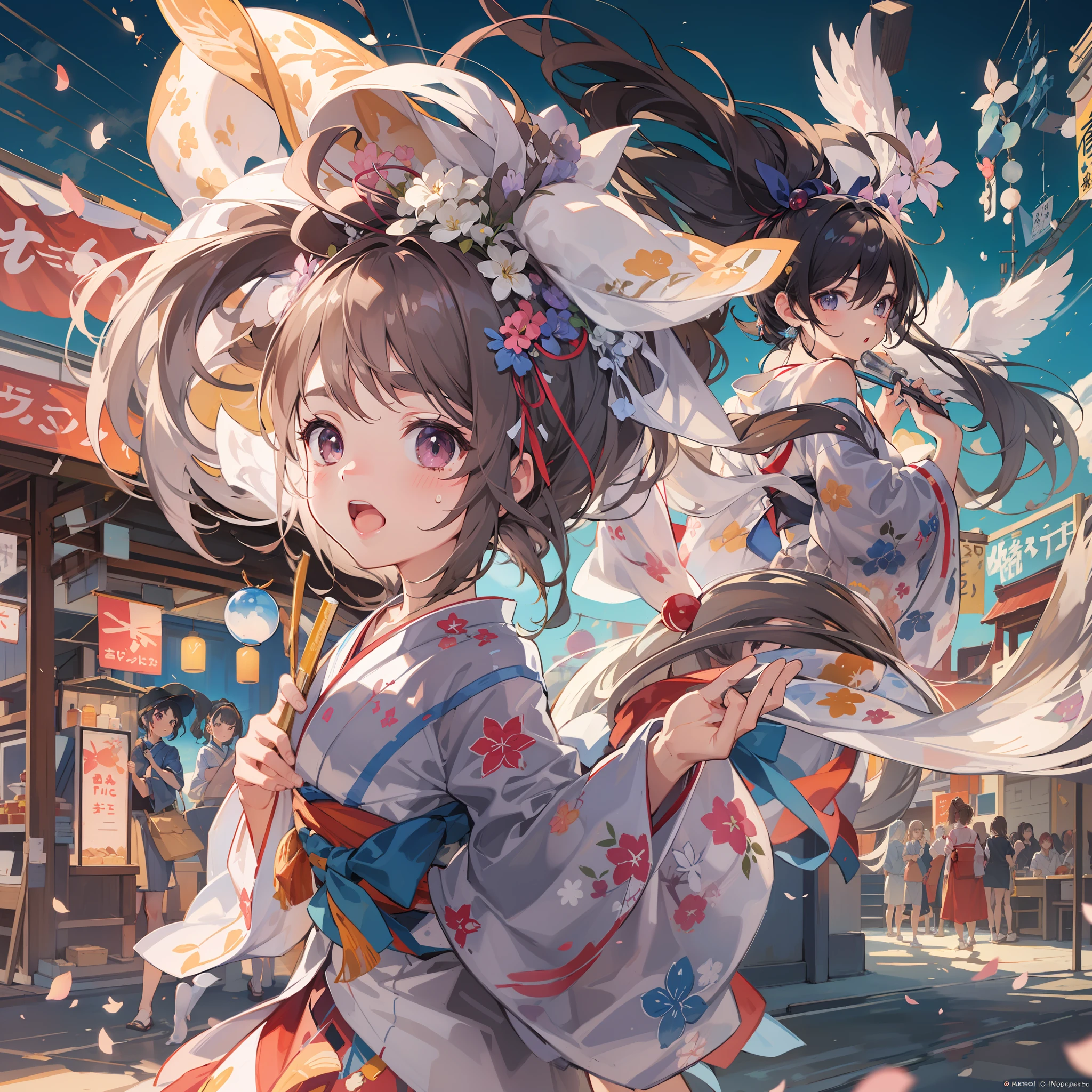 Chibi:1.5,Komono,Girl in Yukata,Blowing in the wind,Summer Festivals,natta,food stand,Spirit Stream,Big Fireworks,poneyTail,(masutepiece: 1.3), (exquisite detailing: 1.2), Delicate and beautiful details, (Eye Detail), (Facial Detailed), (Highest Quality) :1.4), (Hyper-Resolution: 1.2), (very detailed illustration),Best Quality,depth of fields, Wide light, natural shadows