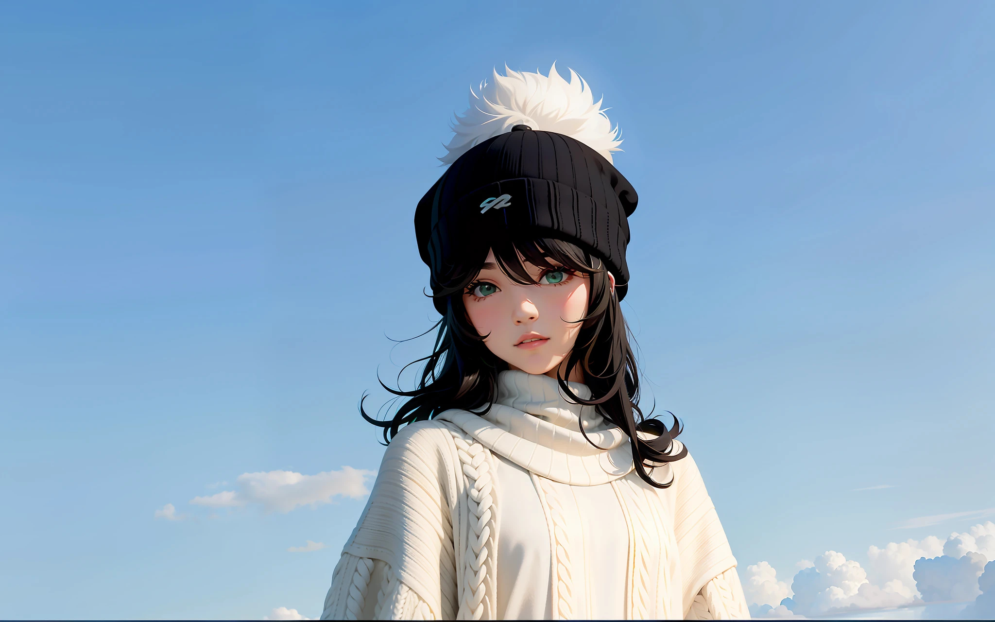 tmasterpiece，best qualtiy，Girl in black knitted hat，Dark green top，Black hair is slightly curly