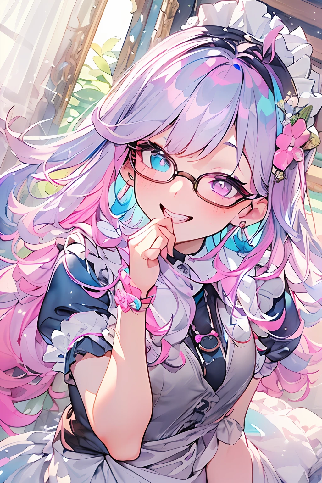((​masterpiece、top-quality、Watercolor art(Pendants)、Official art、Beautifully Aesthetic:1.2))、(1girl in:1.3)、(Fractal Art:1.3)、full body Esbian、((Glitter pupils))、patterns、((rainbow-colored hair、colourful hair、Half blue and half pink hair:1.2))、colourfull、(Silver-rimmed glasses)、Writing、heterochromia iridis、(colourfull:1.5)、(maid clothes:1.5)、((The best smile))、((maikurobikini))、(Standing)、(Hyper-detailing), ((delicate detail)), (intricate detailes), ((ciinematic light, best quality backlight)), highcontrast, ((The best lighting, extremely delicate and beautiful)), ((ciinematic light))、(ray trace reflection、brilliance)、((glowing aura))、((Radiant hair))、((The ultra-detailliert))、((8K))、((Western-style house))