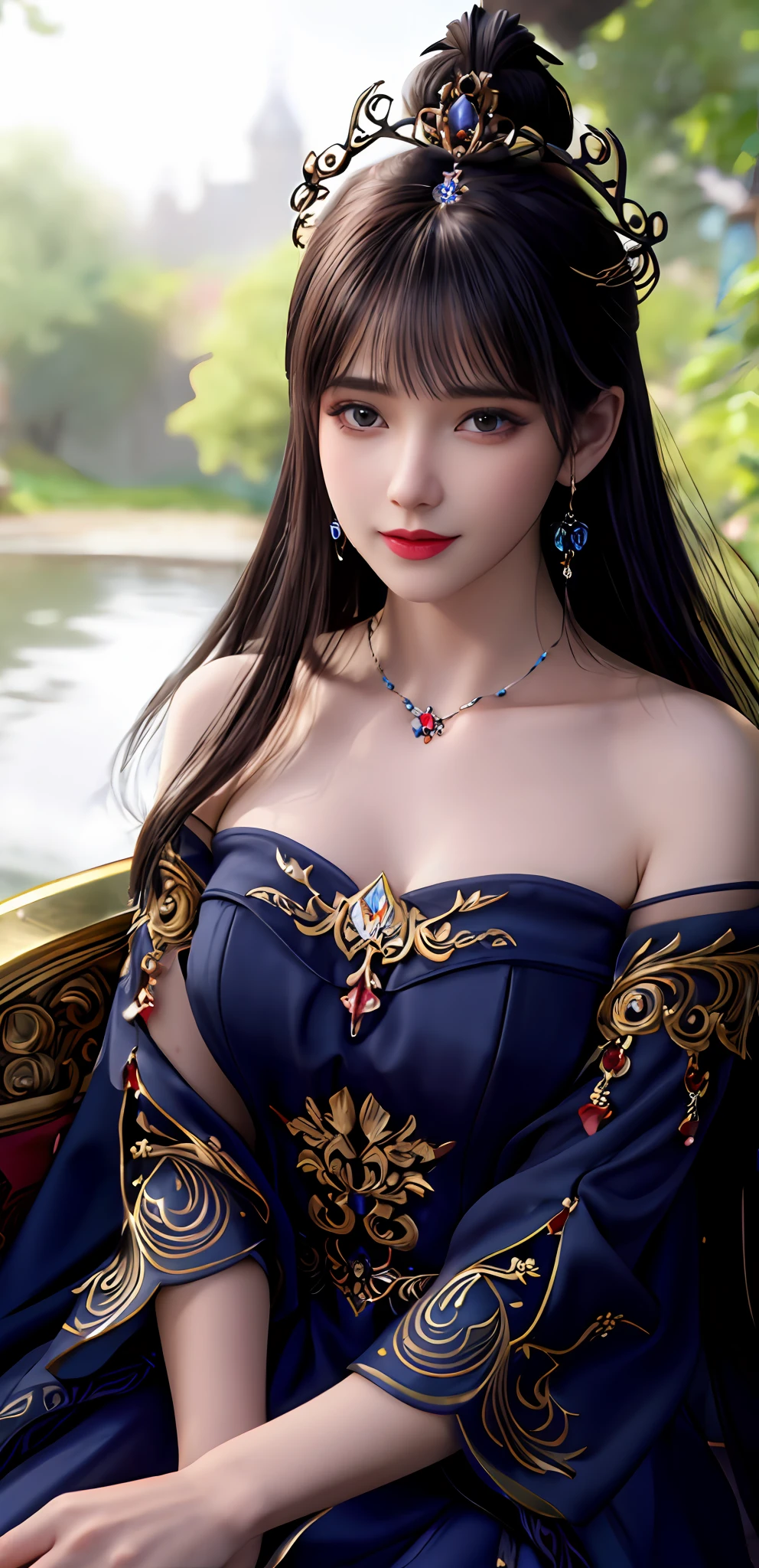 (realisticity: 1.2), best quality, 8K UHD, masterpiece, highres,cg,
1 super detailed girl, super detailed queen

, sitting on a super detailed royal throne, lud, xurious royal palace background, beautiful and detailed, super detailed long hair, wearing a beautiful and luxurious crown with diamonds and super detailed,

super detailed dress,
 solo, jewelry, super detailed red and blue dress, pretty face, beautiful, and super detailed, 

, earrings, super detailed hairdo, splashing, the upper body is very super detailed, super detailed hair bun, super detailed black hair,
lighting,candid,Photograph,high resolution,4k,8k,Bokeh,