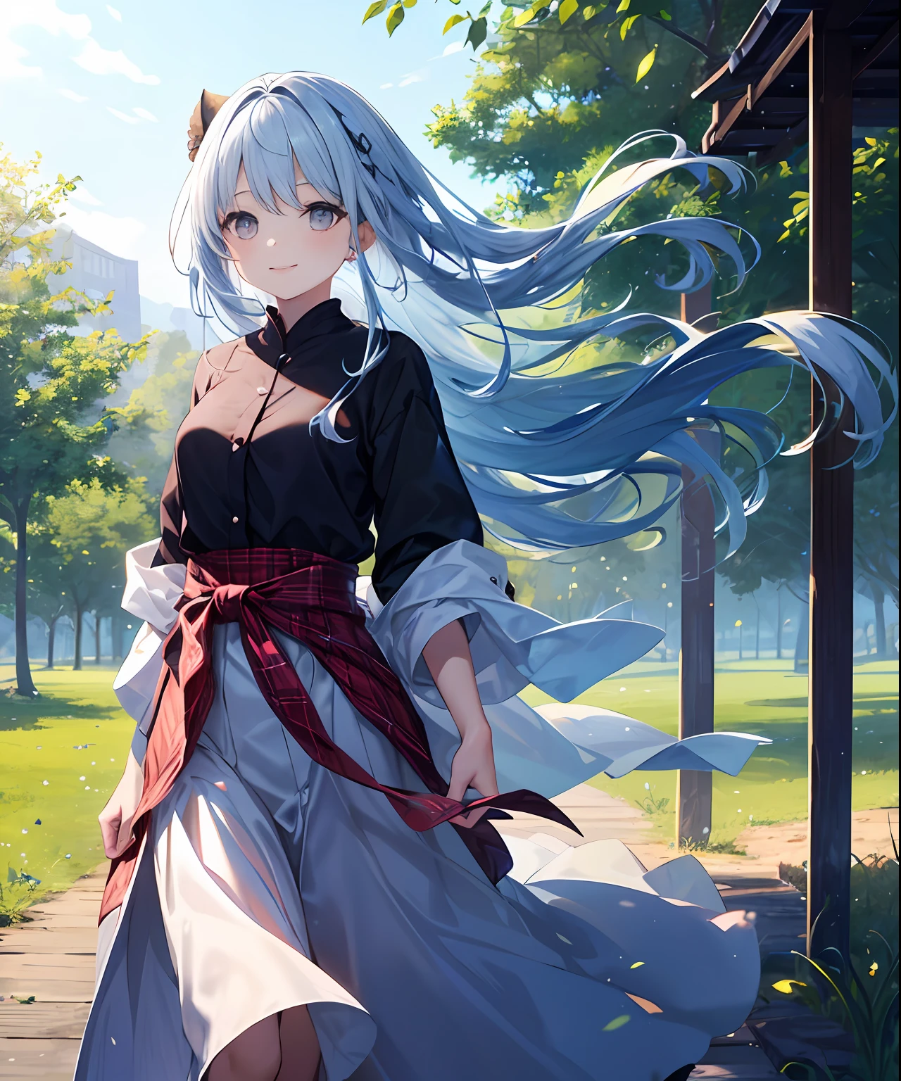 (​masterpiece、top-quality)、frontage、独奏、1girl in、is standing、Hands folded behind your back、amidst nature、A smile、The long-haired、Light blue hair、Hair flutters in the wind、with light glowing、Windy、Adult、