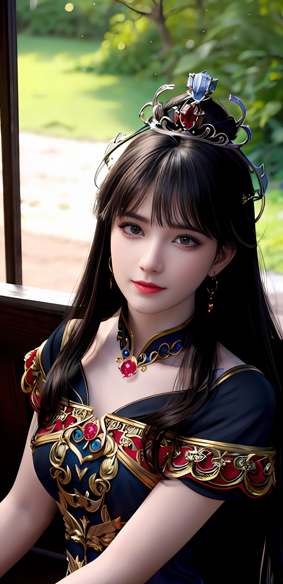 (realisticity: 1.2), best quality, 8K UHD, masterpiece, highres,cg,
1 super detailed girl, super detailed queen

, sitting on a super detailed royal throne, lud, xurious royal palace background, beautiful and detailed, super detailed long hair, wearing a beautiful and luxurious crown with diamonds and super detailed,

super detailed dress,
 solo, jewelry, super detailed red and blue dress, pretty face, beautiful, and super detailed, 

, earrings, super detailed hairdo, splashing, the upper body is very super detailed, super detailed hair bun, super detailed black hair,
lighting,candid,Photograph,high resolution,4k,8k,Bokeh,