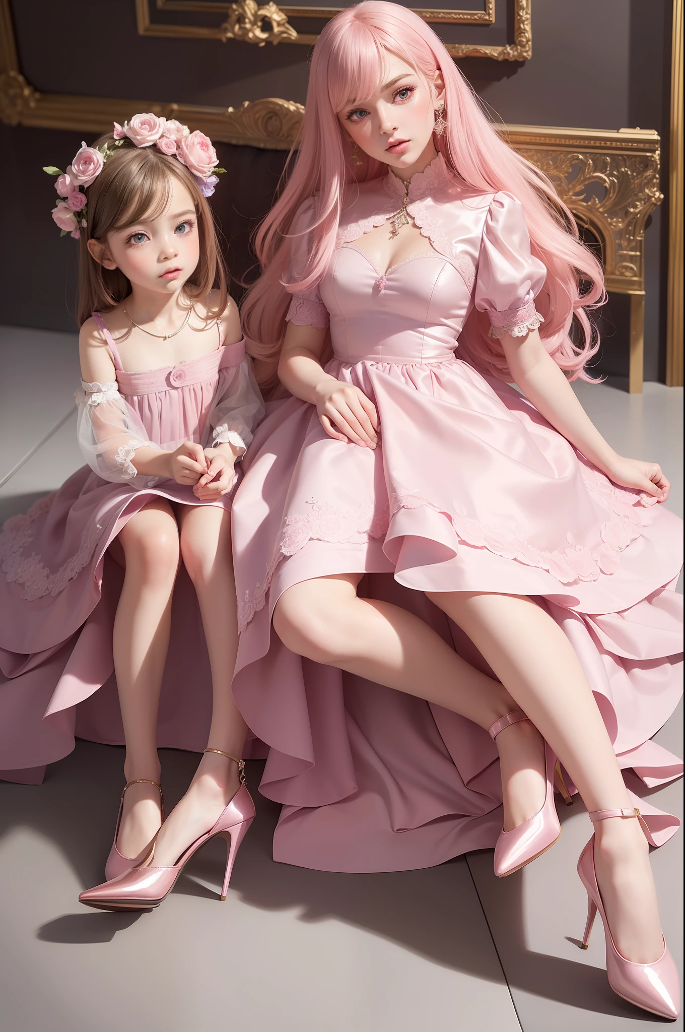 Three children in shiny pink jerseys, high heels, (hyperrealistisch), (Illustration), (hight resolution), (8K), (extrem detailliert), (beste Illustration), (beautiful detailed eyes), (best qulaity), (super detailliert), (Meisterwerk), (Teppich), (detailliertes Gesicht),