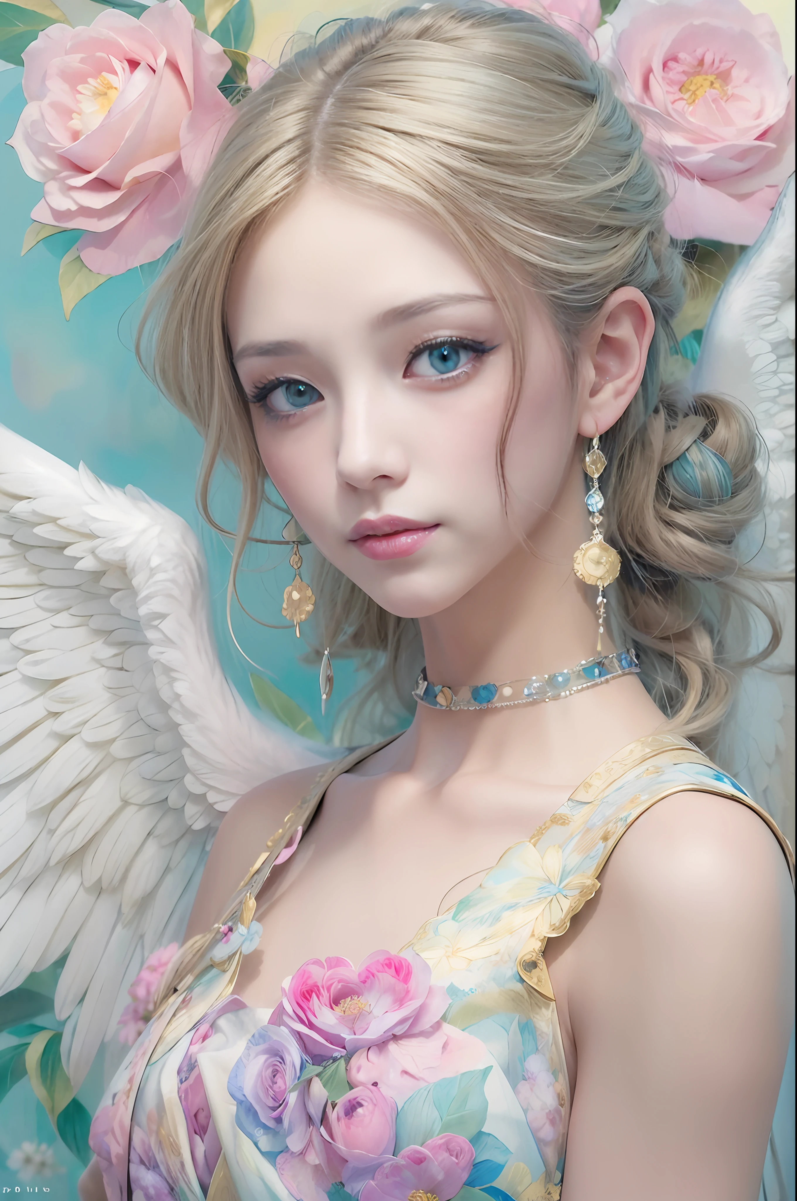 lightbrown hair、Intense crystal light blue eyes、耳Nipple Ring、kawaii、Pale pink color illustration、(Angel wings、😇、a smile、😌🥰Archaic Smile).hyper realstic、Ultra-realistic、Depiction of the human body without distortion、Monna Lisa、Woman in the Arms、Near and far law、Three-dimensional、Contemporary painting、moderno、world masterpiece、collection、Homage to the art or artist work of Picasso and Renoir, Not sentimental、Excellent portrayal、Gentle expression、More detailed character faces, Serious competition、Compositions like paintings、(Konmutsuki_Gacha_Series 1, punk_rosette), Realistic、Delicate brushwork、aqua color flowers, (Full body, elegant flowers background)