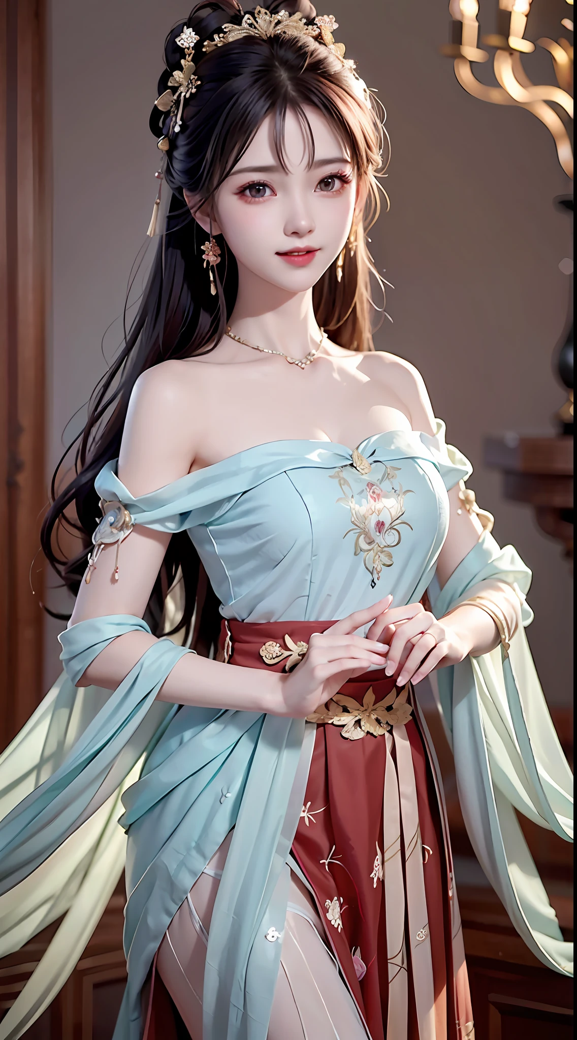 Bust photo,a beautiful female,messy hair,teens girl,Symmetrical bun,hair adornments,jewelry,The face is delicate,eye shadows,White top,purpleish color,purple,long purple skirt,Dunhuang style,Delicate embroidery,silver decoration,silver streamer,white streamer,Light blue streamer,Fine fine skin,Soft light effects,Delicate and smooth hair,exquisite detailing,eyes highlights,Fair skin,Fine portrayal,Ultimate detail,Cinematic quality,being thin,slenderness,Fragmentation,hair detail,Thin bangs,Shawl hair,Correct bodies,shadowing,Air bangs,8K,Super meticulous,Fine fabric texture,softness,complaisant,Smooth texture,Dunhuang style,Delicate pattern,correct hand painting,anatomy correct,acurate,the night,Night,lamplight,Dingdall effect,Ray traching,Head-up display,high detal,8K resolution,超高分辨率,The best picture quality beautiful girl,Peerless beauty,Extremely beautiful((Bamboo shoot-shaped chest)),(Chinese style ancient style black flowing hair with exquisite buns),(Long flowing hair,With bun 1.3)),Delicate collarbones,beautiful make up,Exquisite and perfect facial features,,Big watery eyes,Lying silkworm,Long eyelashes,The eyes are sweet and have eye shadow,Slim waist,,,(((With a sweet smile on your face:1.3))),lipsticks,Blushlush,Delicate earring earrings,closeup of face,Bust,(Wearing a translucent leaky red tulle fairy dress,Embroidery(With exquisite embroidery,With a shirt with large sleeves,Bare shoulders:1.3)),Fresh and natural,Tranquil and beautiful,,(Facing the viewer),Extreme picture quality,Highest accuracy,Close-up,forward leaning,dynamic angle。a beautiful teen-aged girl,hugs,Red tulle Hanfu,Ancient wind,No shoulders,Beautuful Women,long whitr hair,Cute beauty,Wide sleeves,Highly detailed, illustration, Cinematic lighting,Beautiful long Chinese hair,,,lipsticks,Blushlush,Delicate earring earrings,closeup of face,Bust,(Wearing a high-necked translucent red tulle fairy dress,Embroidery(With exquisite embroidery,With a shirt with large sleeves,Bare shoulders:1.3)),F
