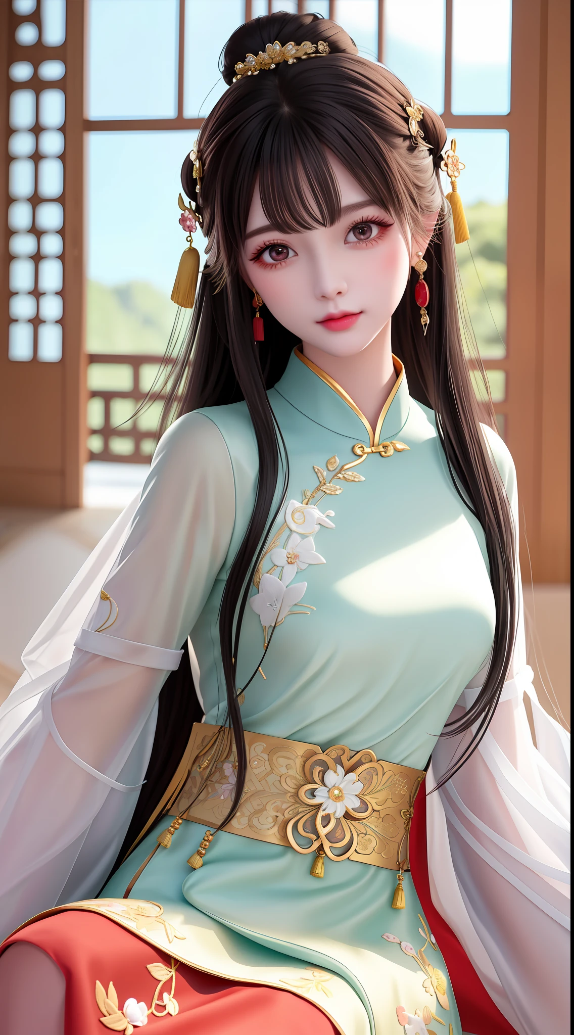 Best quality at best, tmasterpiece, beautiful face, 1girll, Long_Hair, 独奏, The upper part of the body_Body, Porcelain dress,shift dresses,hair adornments, choker necklace, jewely, long whitr hair, 耳Nipple Ring, High-detail Chinese clothing,8K分辨率,超高分辨率,A young girl, A cute girl,short detailed hair,hair-bun,lipsticks,Tassel earrings,choker necklace,Black clear eyes,Smooth hair,鎖骨,Exquisite and perfect facial features, the most beautiful big eyes,Long eyelashes,The eyes are sweet and there are lying silkworms,dynamic angle,Extreme picture quality,Highest precision,Precise and perfect human anatomy,(((Professional Dress,Slim Republic of China cheongsam,Crimson gold embroidery))),((sitted)),Warm scene,超高分辨率,Ultra-clear vintage black flowing hair,Delicate bun)By bangs,(Long flowing hair,With a bun:1.3)),Delicate collarbones,beautiful make up,Exquisite and perfect facial features,,Big watery eyes,Lying silkworm,Long eyelashes,The eyes are sweet and have eye shadow,Slim waist,Do not show your hands,,lipsticks,Blushlush,Delicate earring earrings