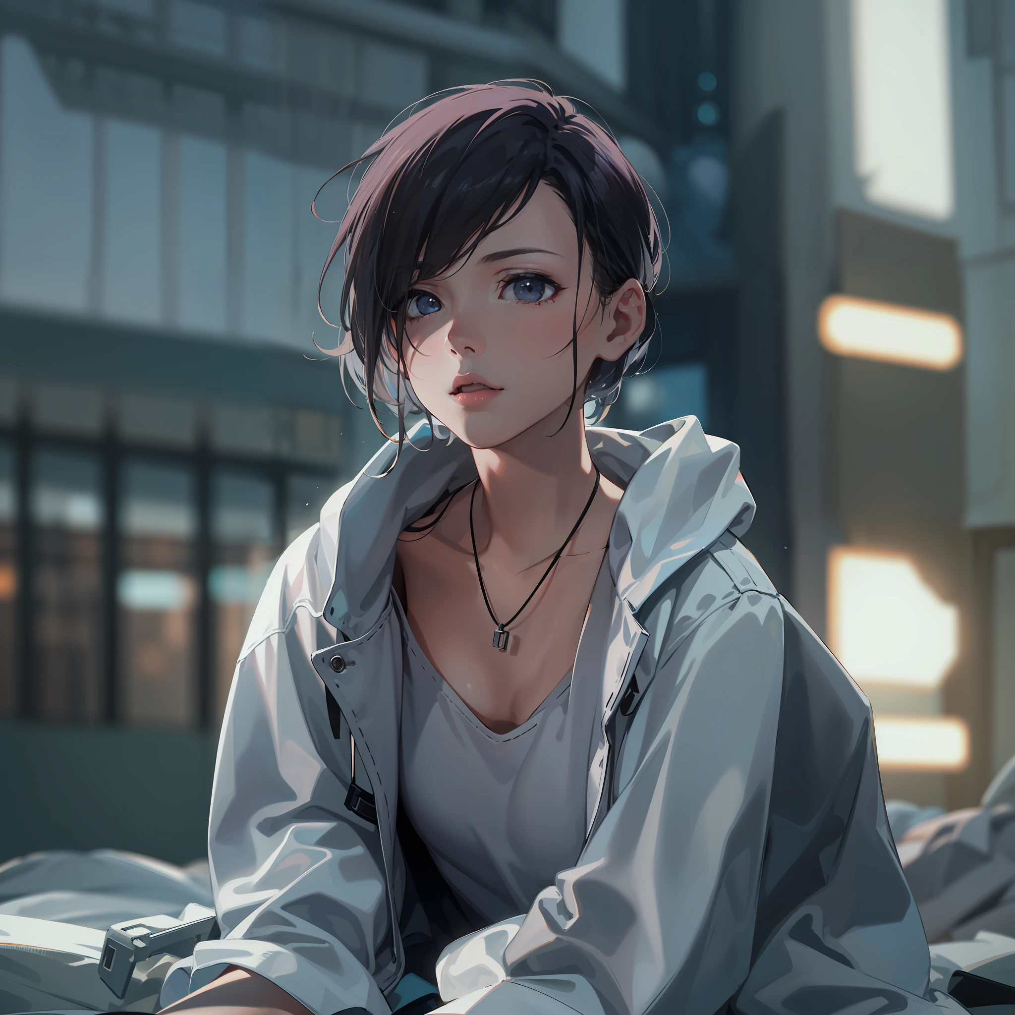 cyberpunked,Cyber City,Hi-Tech,High-tech townscape,Blowing in the wind,Relaxing girl,Shorthair,My room:1.1,Cyberpunk room:1.1,(8K), (Raw photo: 1.2), (Realism: 1.4), (masutepiece: 1.3), (exquisite detailing: 1.2), Delicate and beautiful details, (Eye Detail), (Facial Detailed), (Highest Quality) :1.4), (Hyper-Resolution: 1.2), cinematric light, (very detailed illustration),Best Quality,depth of fields, Wide light, natural shadows