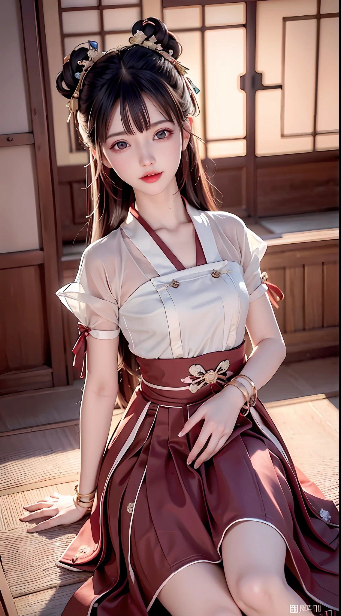 JK girl, girl wearing Japanese girls' school uniform, 8K, very high image quality, film texture, realistic, eating Japanese food, Japanese background, depth of field, tatami room, warm lighting, bow on chest, bangs, long hair over the shoulder, (playful eyes), double eyelids, deepening of the tail of the eyes, lying silkworm, bracelet on the wrist, scarlet lips, sparkling lips with texture, fine skin texture, brown sparkling pupils, (((eyes looking at the camera)))), slender fingers, ((round face)), ( ((small lips)))
