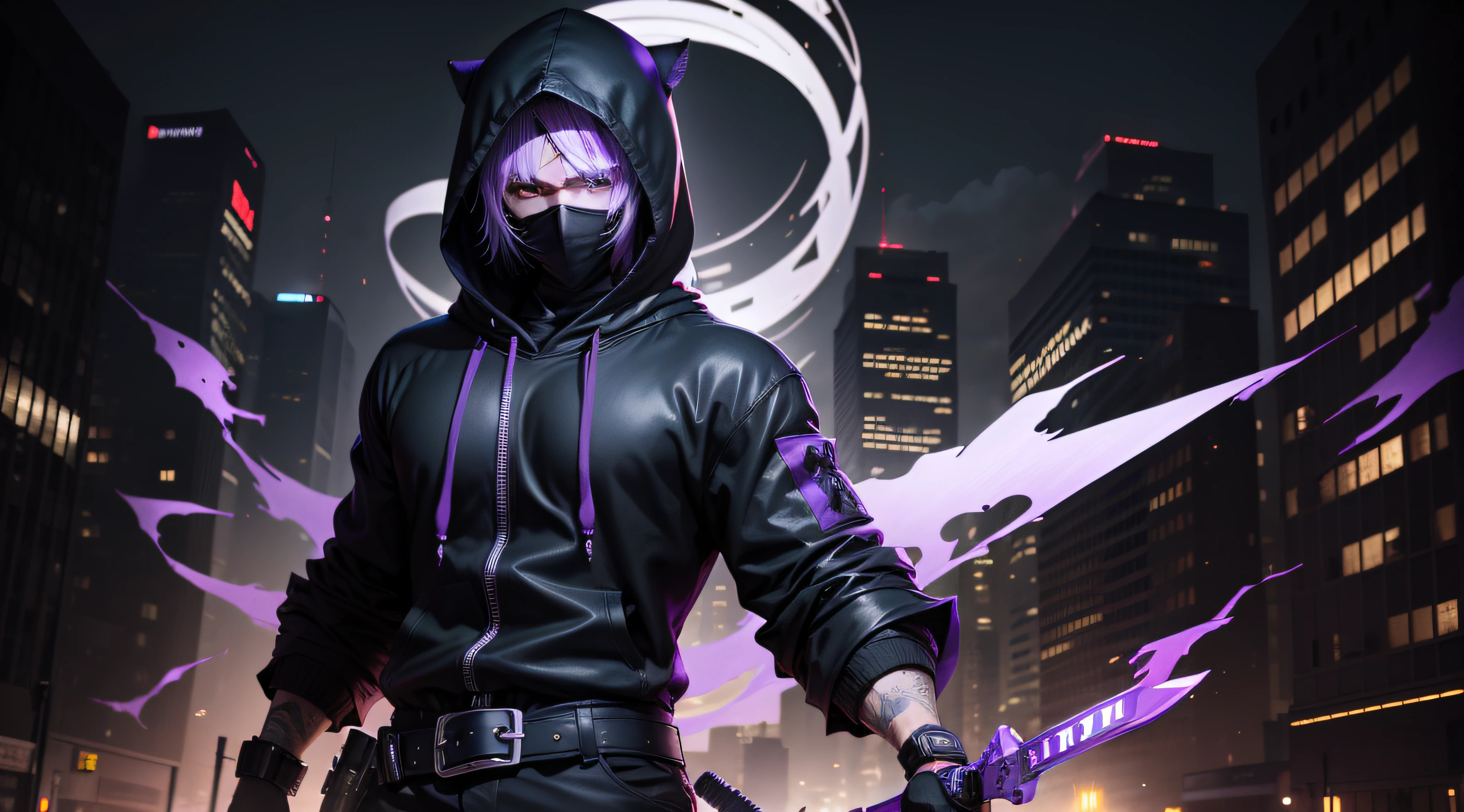 batman arkham knight in a black leather outfit holding two purple swords, badass anime 8 k, hero pose colorful city lighting, best anime 4k konachan wallpaper, 3 d render character art 8 k, cyberpunk assassin, cyberpunk anime girl in hoodie, anime style 4 k, trigger anime artstyle, mystic ninja, cyberpunk hero, digital cyberpunk anime art, cyber noir