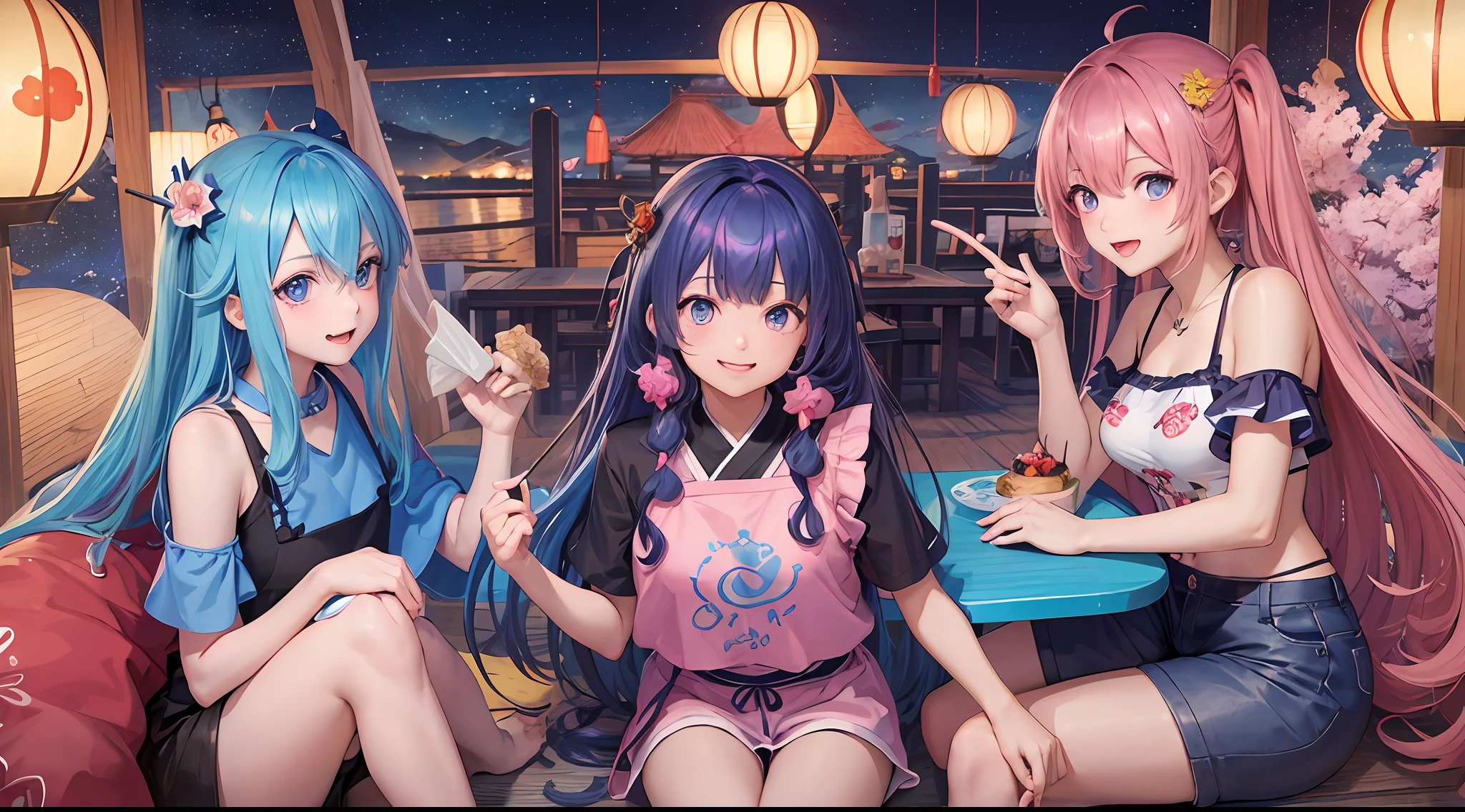 Dark Magician Girl、MKSKS style、(3 people)、(highly detailed back ground:1.0)、(highly detailed back ground:1.0)、masterpiece、top-quality、超A high resolution、in 8K、full bodyesbian、(1/2 pink and 1/2 Light blue hair、rainbow-colored hair)、(A detailed eye、Blue eyes)、(Laughing:1.2)、(Short sleeve shirt with rainbow print、1/2 pink and 1/2 Light blue short-sleeved shirt:1.2)、(Short pants:1.5)、Detailed skin、(yakitori:1.3、Eating yakitori、the beach:1.3)、夏天、Daytime、Large soap bubbles、wakame、wakame、wakame、wakame、wakame、wakame、wakame、wakame、wakame、wakame、wakame、wakame、wakame、wakame、wakame、wakame、wakame、wakame、wakame、wakame、wakame、wakame、wakame、wakame、wakame --auto