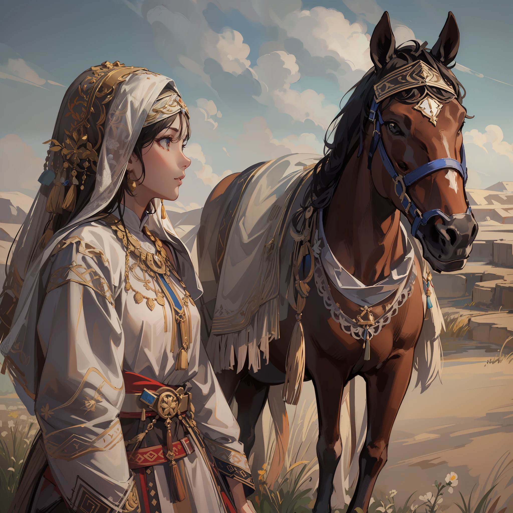 Medieval Central Asian national costume,Medieval Central Asian nomads:1.5,One Horse and One Girl,Dynamic horses,Undulating lakes,(4K), (Raw photo: 1.2), (Realism: 1.4), (masutepiece: 1.3), (exquisite detailing: 1.2), Delicate and beautiful details, (Eye Detail), (Facial Detailed), (Highest Quality) :1.4), (Hyper-Resolution: 1.2),(very detailed illustration), Best Quality, depth of fields, Wide light, natural shadows