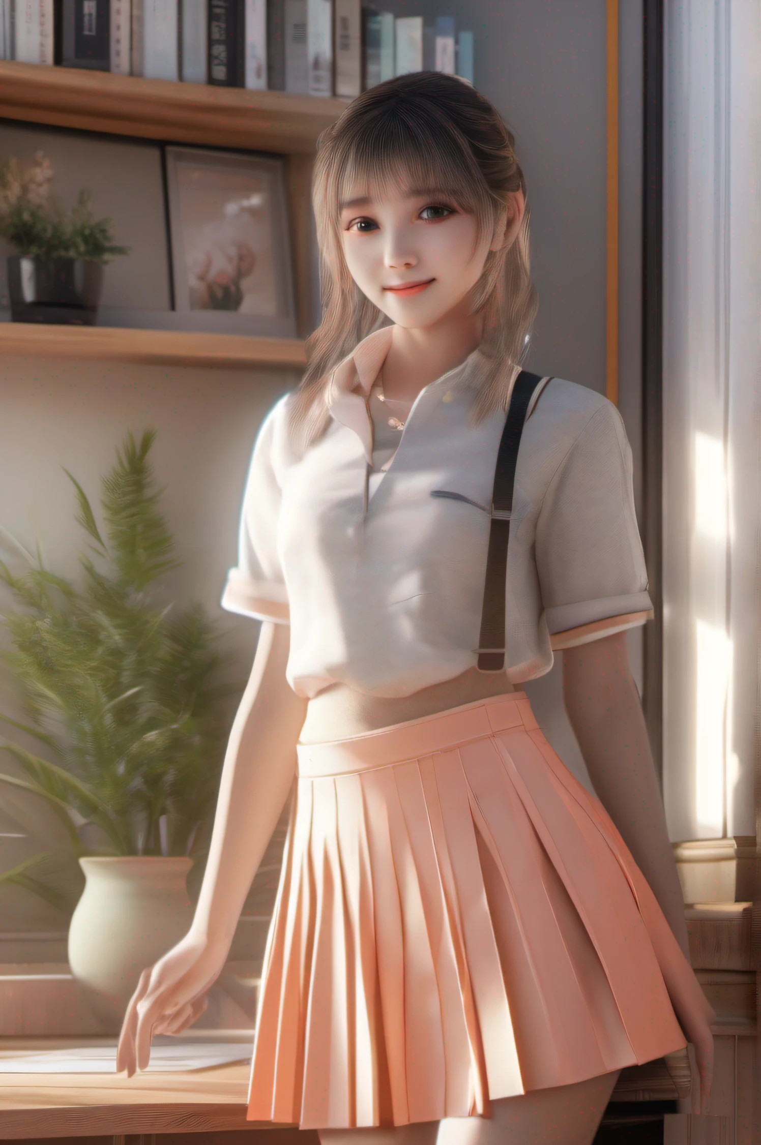 Female high school student in pleated skirt,rays of sunshine,Bedrooms,Sell moe,Lie on your desk,Luzes Realistas、tmasterpiece、high high quality、Beautiful graphics、high detal、globalillumination、unreal engine rendered,Octane rendering,(hdr:1.3)