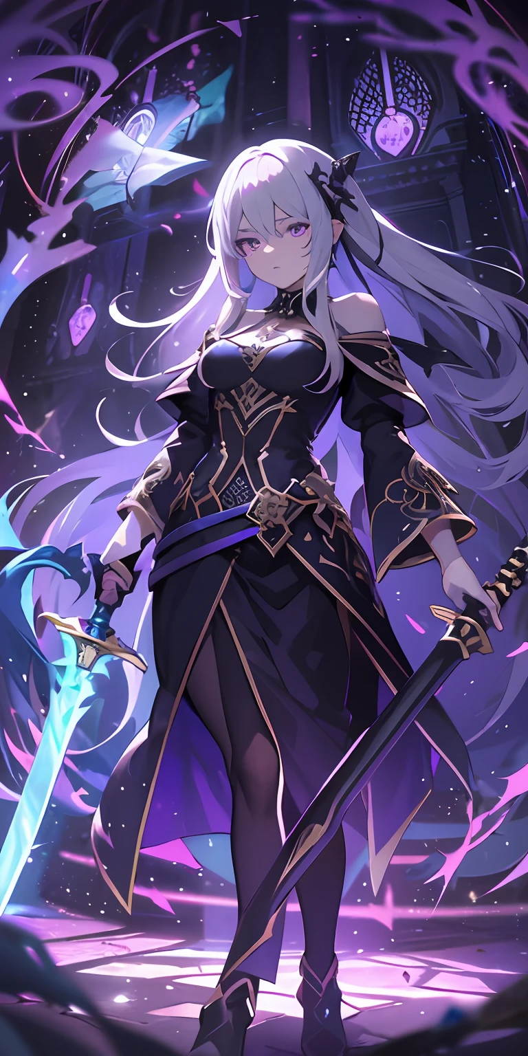 (masterpiece, best quality, ultra-detailed, best shadow), (detailed background,dark fantasy), (beautiful detailed face), high contrast, (best illumination, an extremely delicate and beautiful), ((cinematic light)), colorful, hyper detail, dramatic light, intricate details, (1girl, solo,white hair, sharp face,purple eyes, hair between eyes,dynamic angle), swirling black light around the character, depth of field,black light particles,(broken glass),magic circle, goddess, warrior, full body, holding magical sword, look infront,