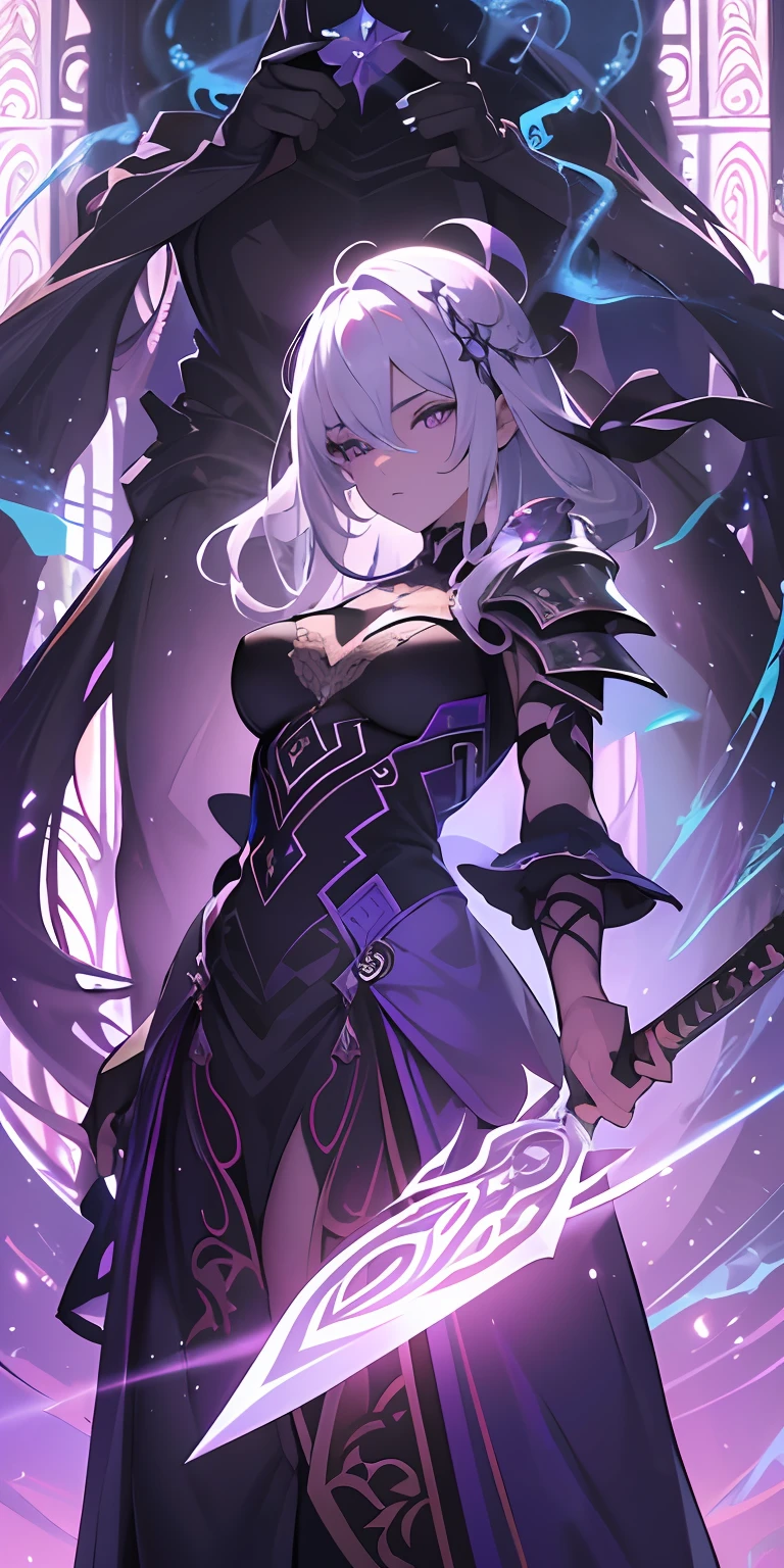 (masterpiece, best quality, ultra-detailed, best shadow), (detailed background,dark fantasy), (beautiful detailed face), high contrast, (best illumination, an extremely delicate and beautiful), ((cinematic light)), colorful, hyper detail, dramatic light, intricate details, (1girl, solo,white hair, sharp face,purple eyes, hair between eyes,dynamic angle), swirling black light around the character, depth of field,black light particles,(broken glass),magic circle, goddess, warrior, full body, holding magical sword, look infront,