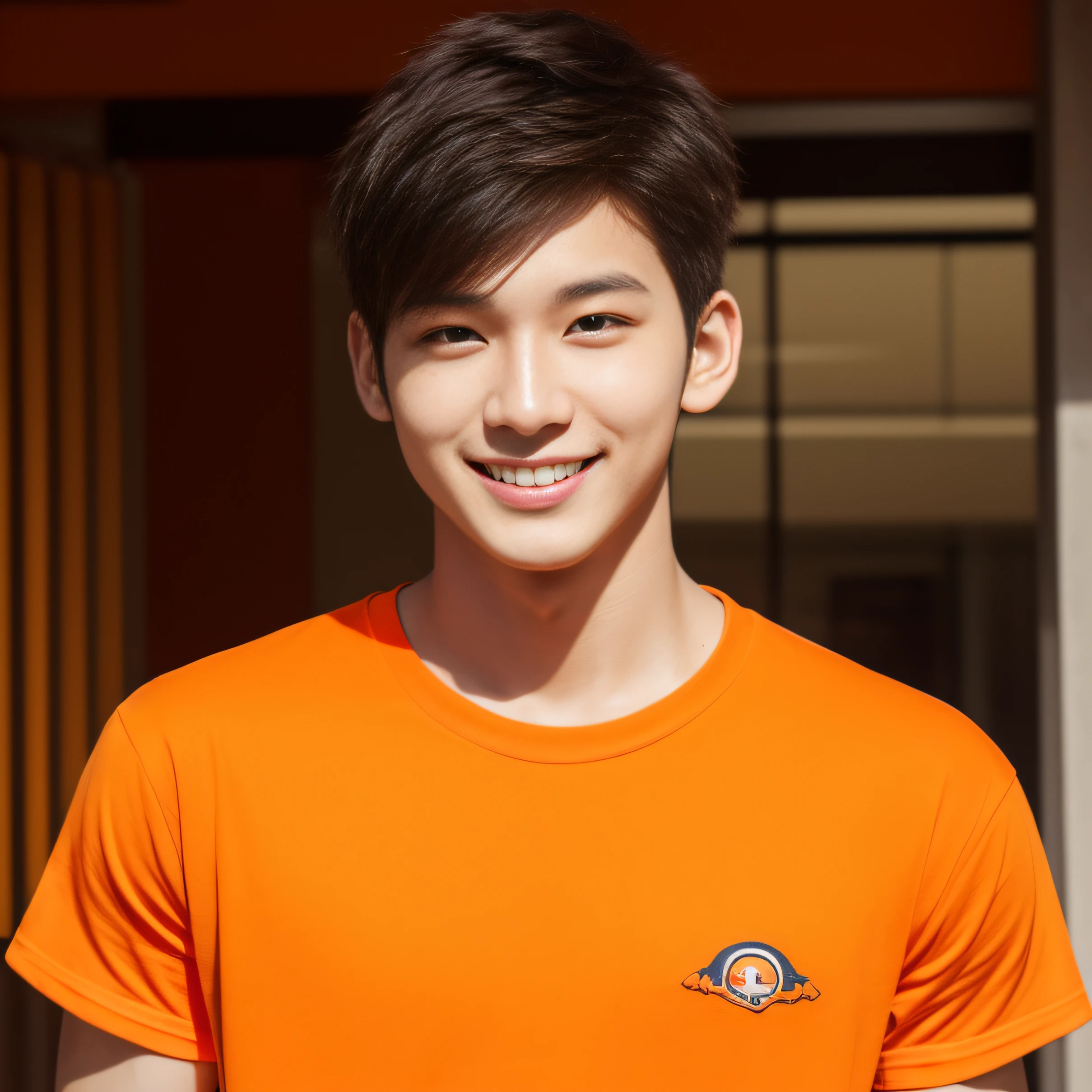 A handsome men ,20 years old , short hair, Korean , student,((( wear orange t shirt))), ((front view)), smile,half body,(((full head)))