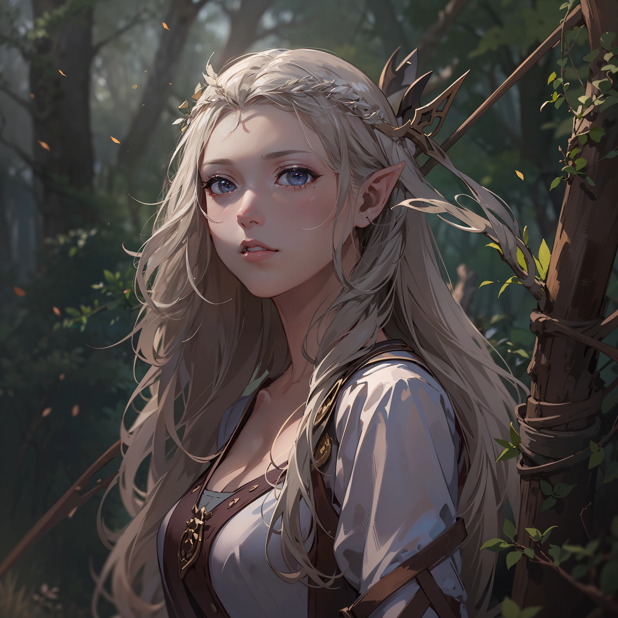 fallen wood,Elf with a composite bow:1.5,Elf with a bow:1.5,Arrows,hunter,One unicorn, One Girl and One Fairy:1.1,Undulating lakes,deep-forest,Blowing in the wind,Has depth,(4K), (Raw photo: 1.2), (Realism: 1.4), (masutepiece: 1.3), (exquisite detailing: 1.2), Delicate and beautiful details, (Eye Detail), (Facial Detailed), (Highest Quality) :1.4), (Hyper-Resolution: 1.2),(very detailed illustration), Best Quality, depth of fields, Wide light, natural shadows