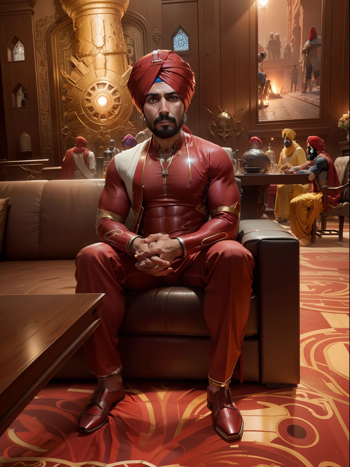 Punjabi iron man with my original face and turban , don't change face , change background,8k, ultra face resolution, face and turban not change