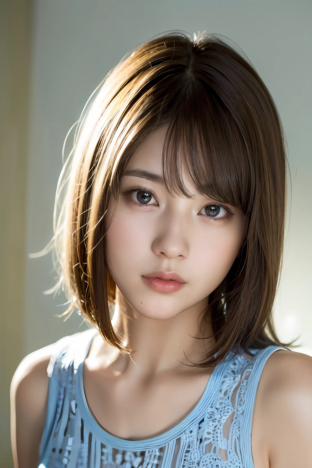 Close-up of woman with blue top and brown hair, girl cute-fine-face, the face of a beautiful Japanese girl, Realistic Young Gravure Idol, cute - fine - face, With short hair, chiho, closeup Iwakura Lain, japanese facial features, by Torii Kiyomoto