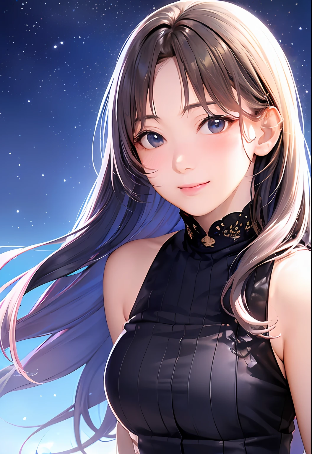 (8K, Best Quality, masutepiece:1.2), (Realistic, Photorealsitic:1.37), Ultra-detailed, 1 girl,Cute, Solo,Midnight,Beautiful detailed sky,Detailed Cafe,Sitting,Dating,(nose blush),(Smile:1.15),(Closed mouth) Small breasts,Beautiful detailed eyes,Floating Hair NovaFrogStyle,backless dress,Pink dress