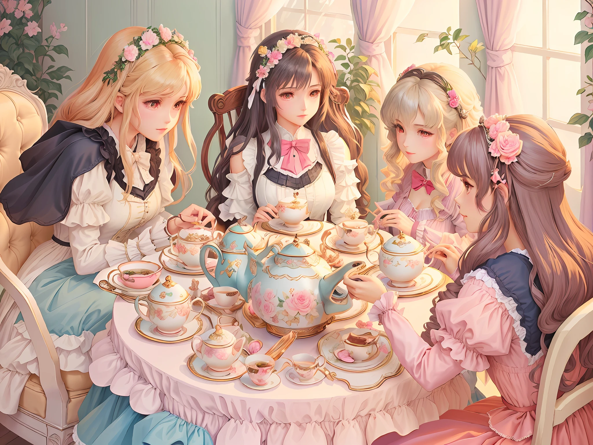 There are many little princesses sitting around the table, high tea,Lolita,rococo,official fanart, tea party, vintage shoujo, Detailed fanart, DDLC, High-quality fanart, Official artwork,, fairy-tale illustration style, zerochan art, offcial art, lovely art style, cottagecore!!, studio ghibli artstyle, in the art style of 8 0 s anime
