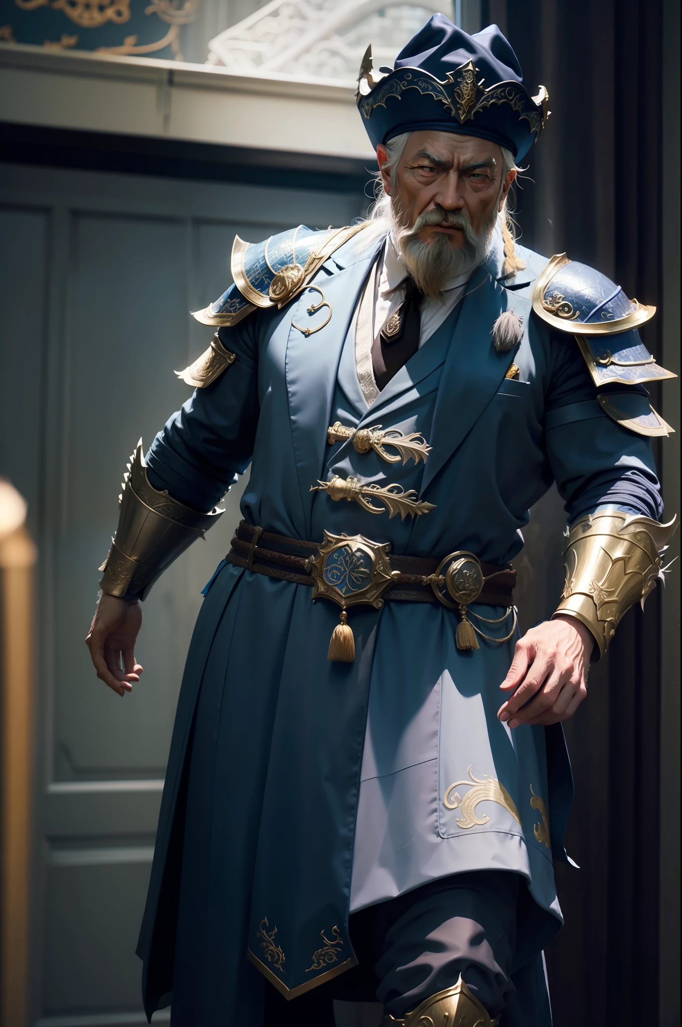 Man,dumbledore,a old man,Big chest,wearing an outfit,He wears Chinese dragon armor,Wearing a crocodile head hat,muscle men ,Realiy,3D