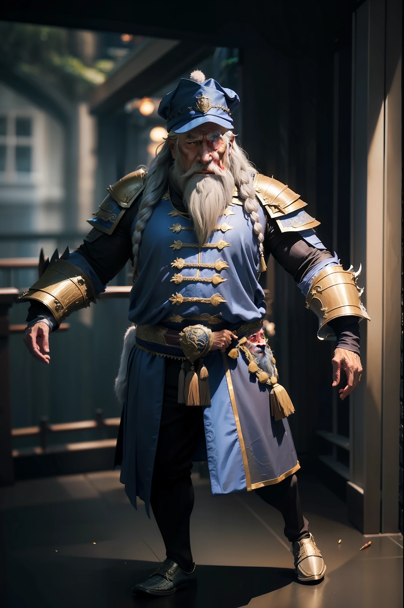 Man，dumbledore，a old man，Big chest，wearing an outfit,He wears Chinese dragon armor，Wearing a crocodile head hat,muscle men ，Realiy，3D