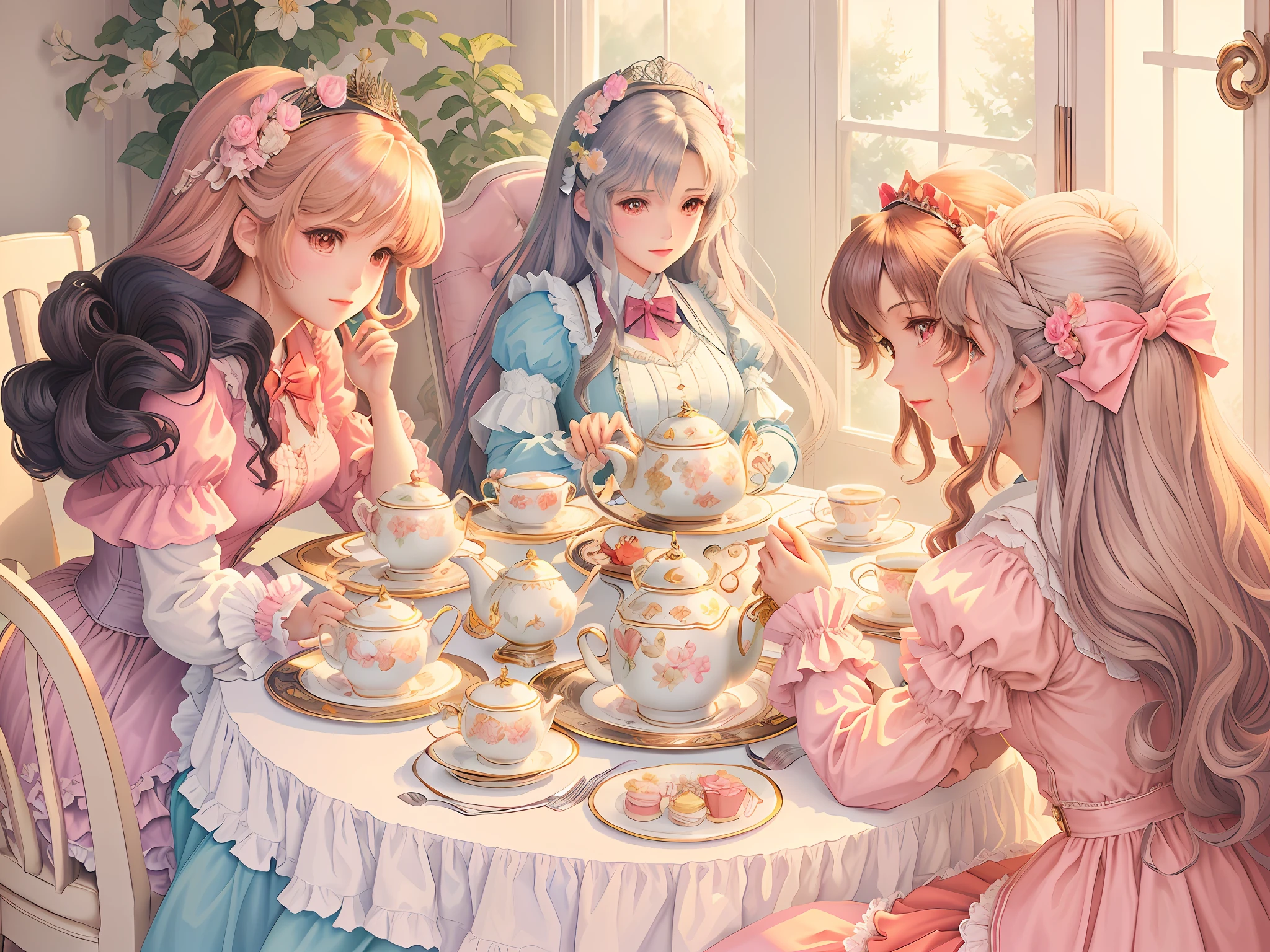 There are many little princesses sitting around the table, high tea,ta,rococo,official fanart, tea party, vintage shoujo, Detailed fanart, DDLC, High-quality fanart, Official artwork,, fairy-tale illustration style, zerochan art, offcial art, lovely art style, cottagecore!!, studio ghibli artstyle, in the art style of 8 0 s anime