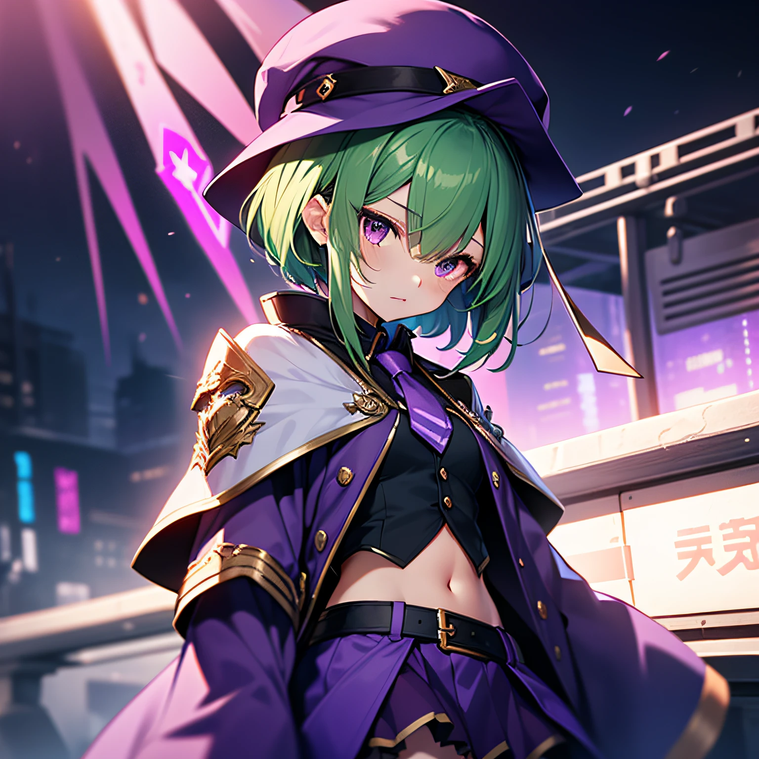 top-quality、extremely delicate and beautiful、(A teenage girl)、Purple Eye、Green hair、short-haired、(Purple pointy hat)、Purple tie、Soio、shortsleeves、Purple skirt、Navel,shortsleeves、Purple skirt、((Holding a great sword on his shoulder))、Midnight background、is standing