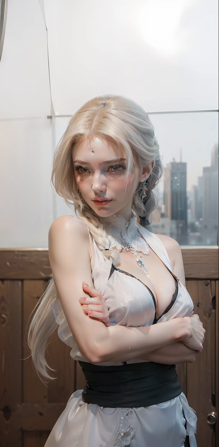 Nikon Z 85mm, ((best quality)) ((masterpiece)), intricate details, sharp focus, professional, photorealistic, real life, ultra realistic, photorealism,SILHOUETTE light,finely detail,best quality,extremely detailed CG unity 8k wallpaper,perfect artwork,upper body, shiny hair, glowing eyes, lustrous skin, realistic, perfect female figure, narrow waist, looking at viewer,lace,seductive posture, sexy pose, an extremely delicate and beautiful,best quality, beautiful detailed girl, beautiful detailed eyes,light on face,cinematic lighting,see-through,White pajamas, transparent material, revealing buttocks,a realistic representation of the face, (intricate details, makeup, (detailed beautiful delicate face, detailed beautiful delicate eyes, a face of perfect proportion, high detailed skin, detailed skin, best ratio four finger and one thumb, arms under breast, medium large breasts, smooth midriff, skiny and thin,fashion, solo ,(young), face highlight, upper body, detailed face, white skin, silver hair, ponytail, braid hair,big eyes, silk robe, (hollow pattern, silk), earrings, slim body, luxury room, professional lighting, tear robe,1 girl,Coiling hair, indoor background