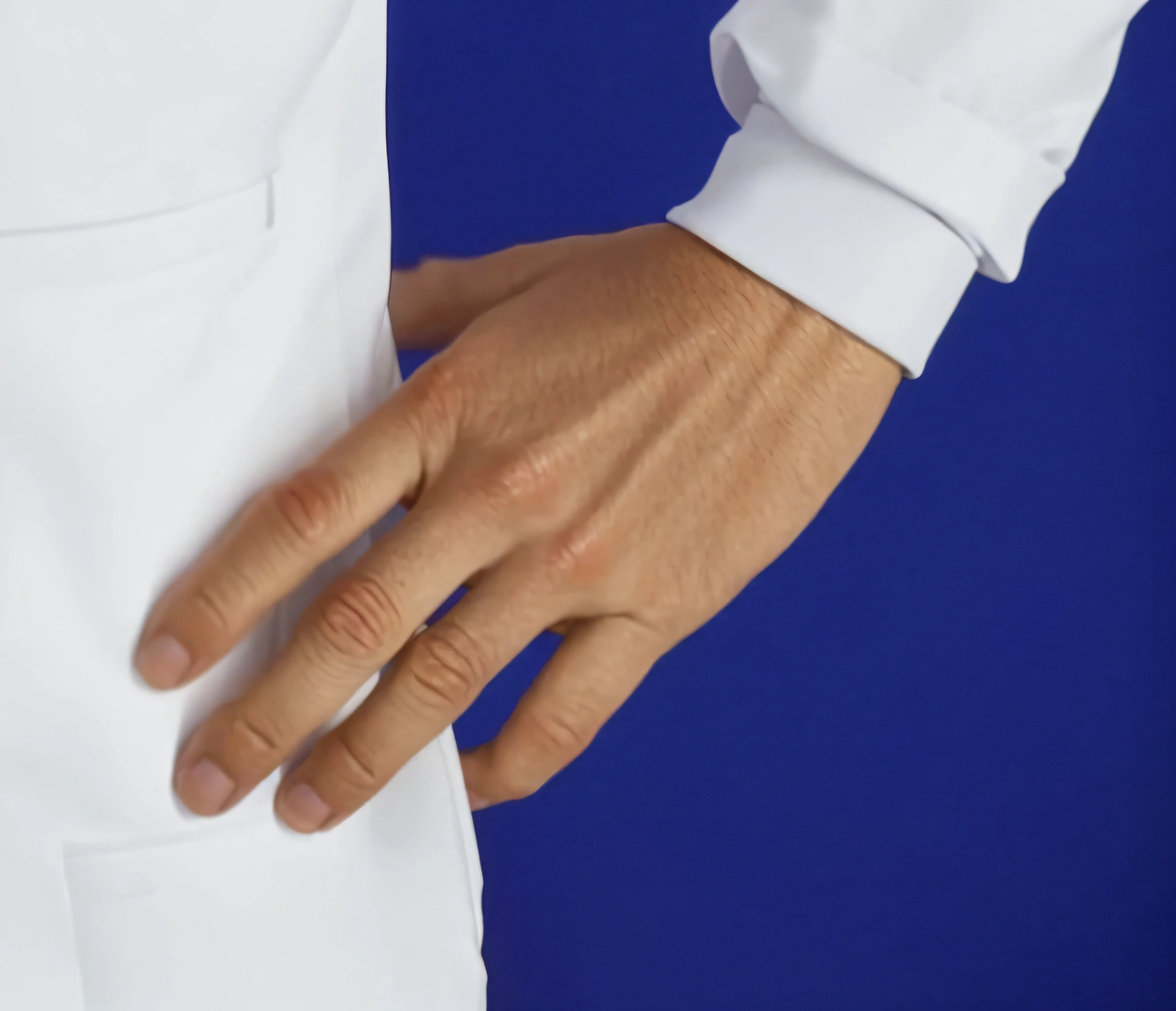 Someone is wearing a white coat and tie and holding his hands in his pockets, hand on hip, hand on hips, closeup of hand, vestindo um Jaleco branco, usando Jaleco, Close-up de corpo inteiro, Jaleco, mangas brancas, vestindo Jaleco, Hands behind back, corrected hand, usando Jaleco,