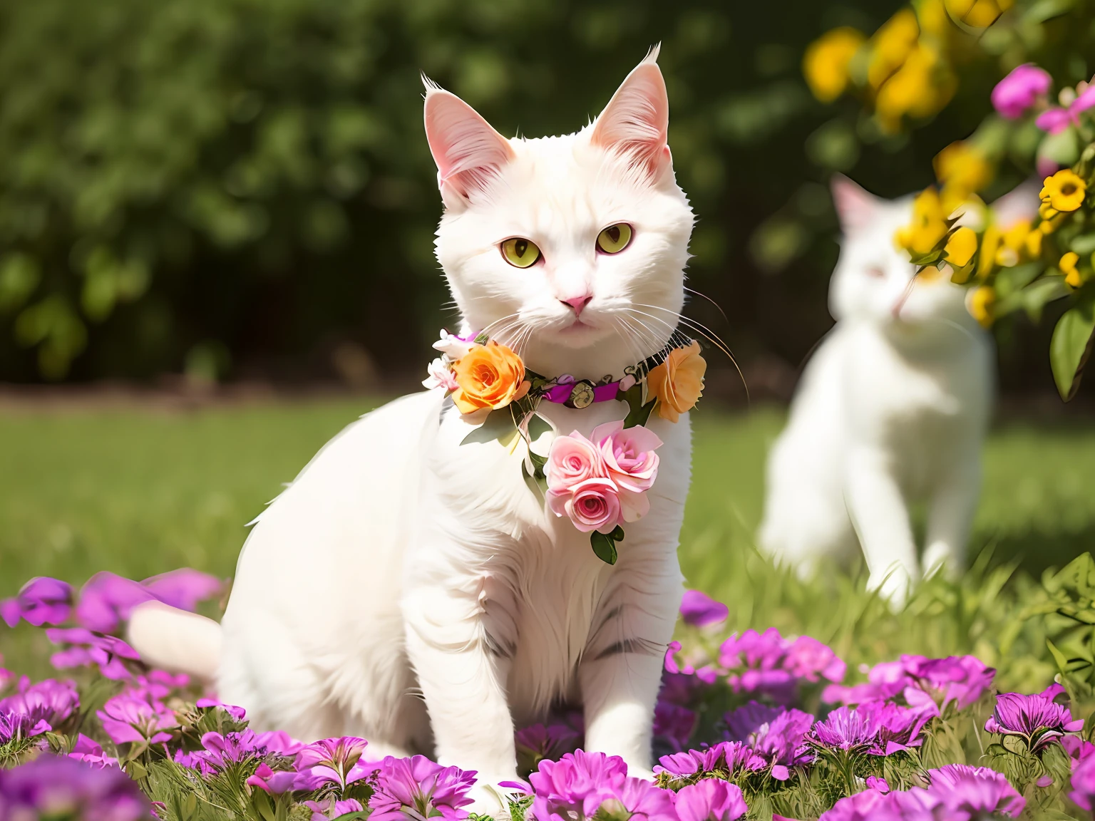 Cat cat,White body,Pink-orange stripes,Pink white ears,Forehead white flower,Eye orange,A circle of flowers around the neck