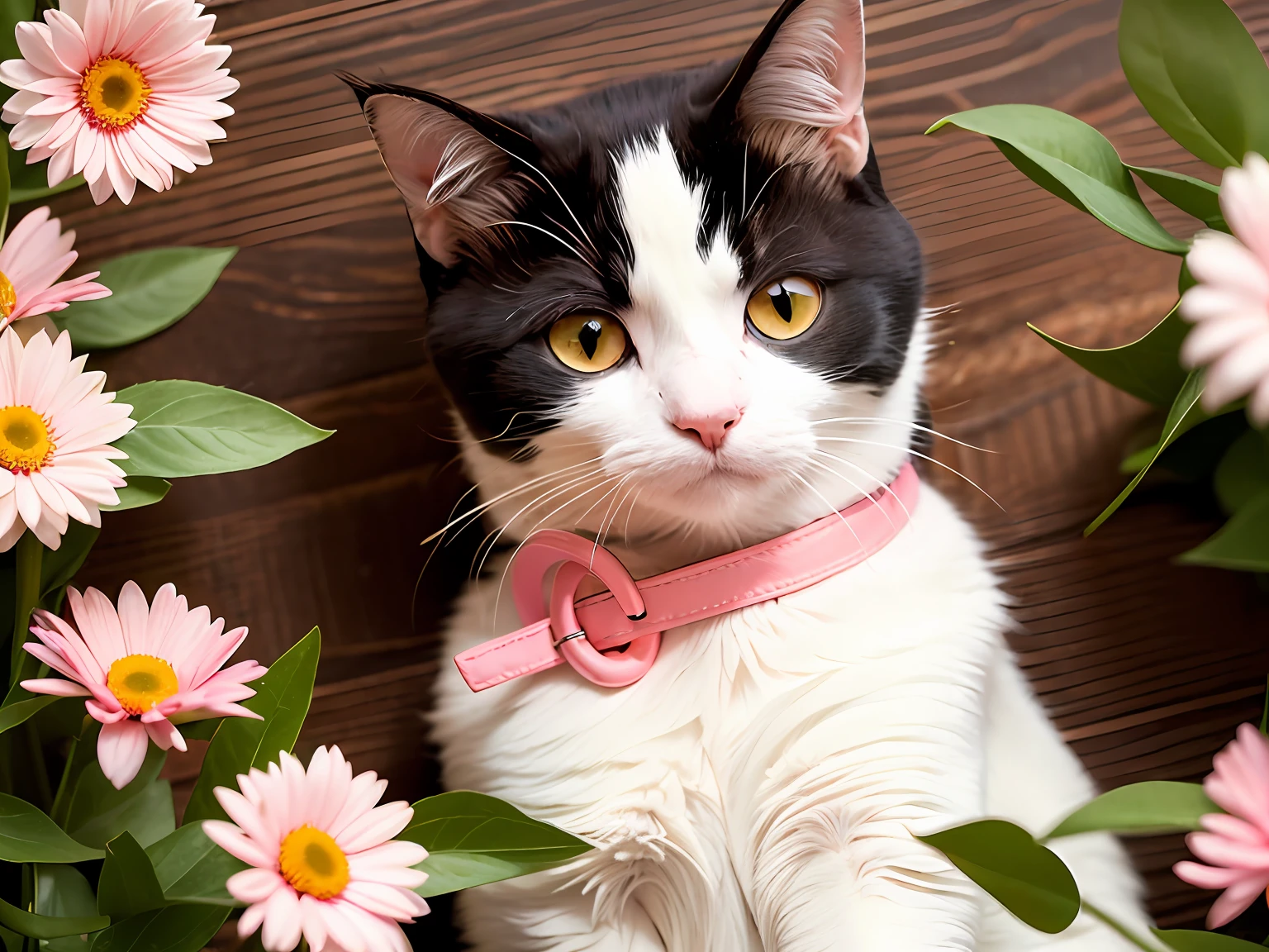 Cat cat，White body，Pink-orange stripes，Pink white ears，Forehead white flower，Eye orange，A circle of flowers around the neck