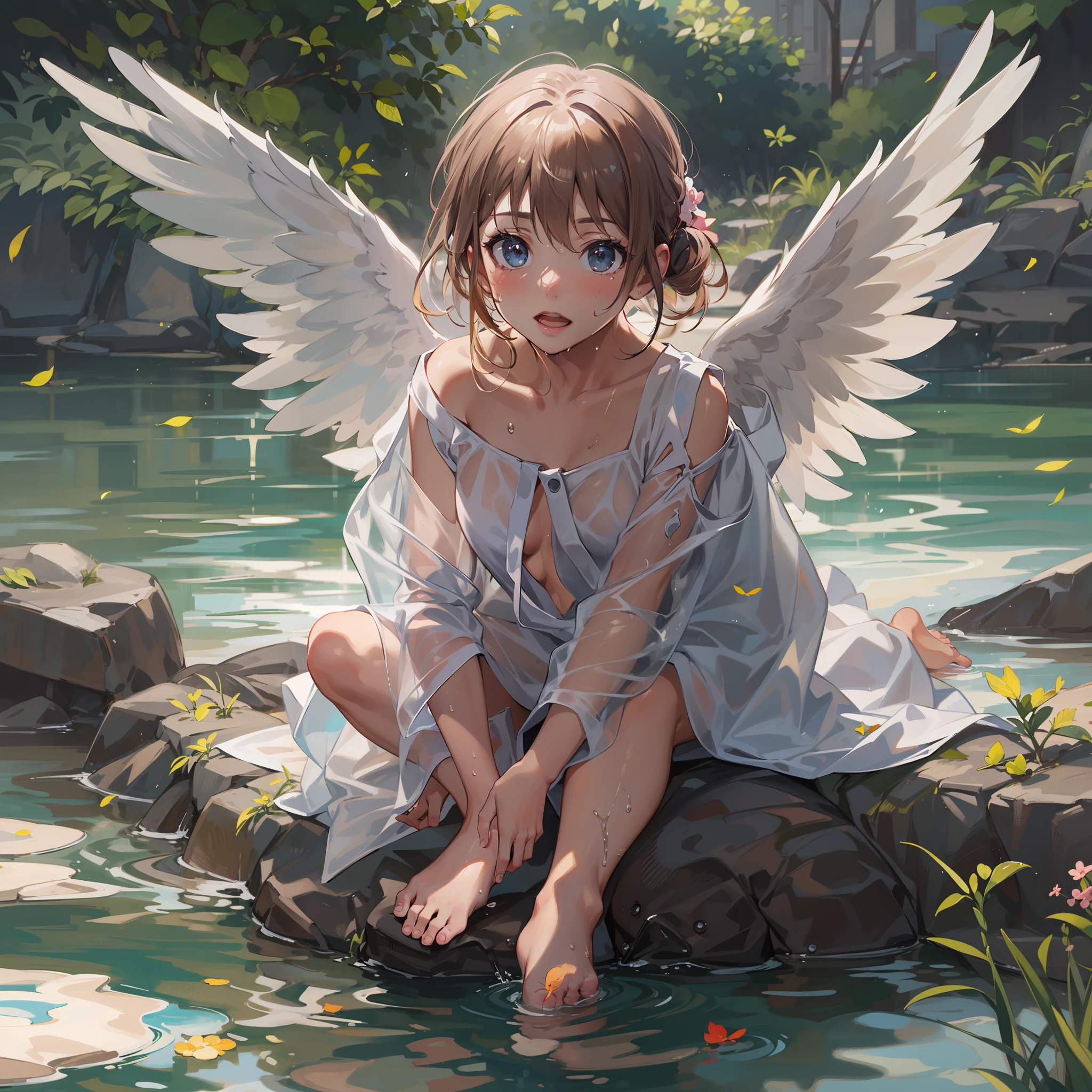 Angel with wings on his back:1.1,very cute female :1.1,8 yo,1 bird,miku hatsune:1.5,Wet and see-through clothes:1.5,Playing by the river,Barefoot,Sweat, Summer,day,Flat-breasted,(4K), (Raw photo: 1.2), (Realism: 1.4), (masutepiece: 1.3), (exquisite detailing: 1.2), Delicate and beautiful details, (Eye Detail), (Facial Detailed), (Highest Quality) :1.4), (Hyper-Resolution: 1.2),  (very detailed illustration), Best Quality,depth of fields, Wide light, natural shadows