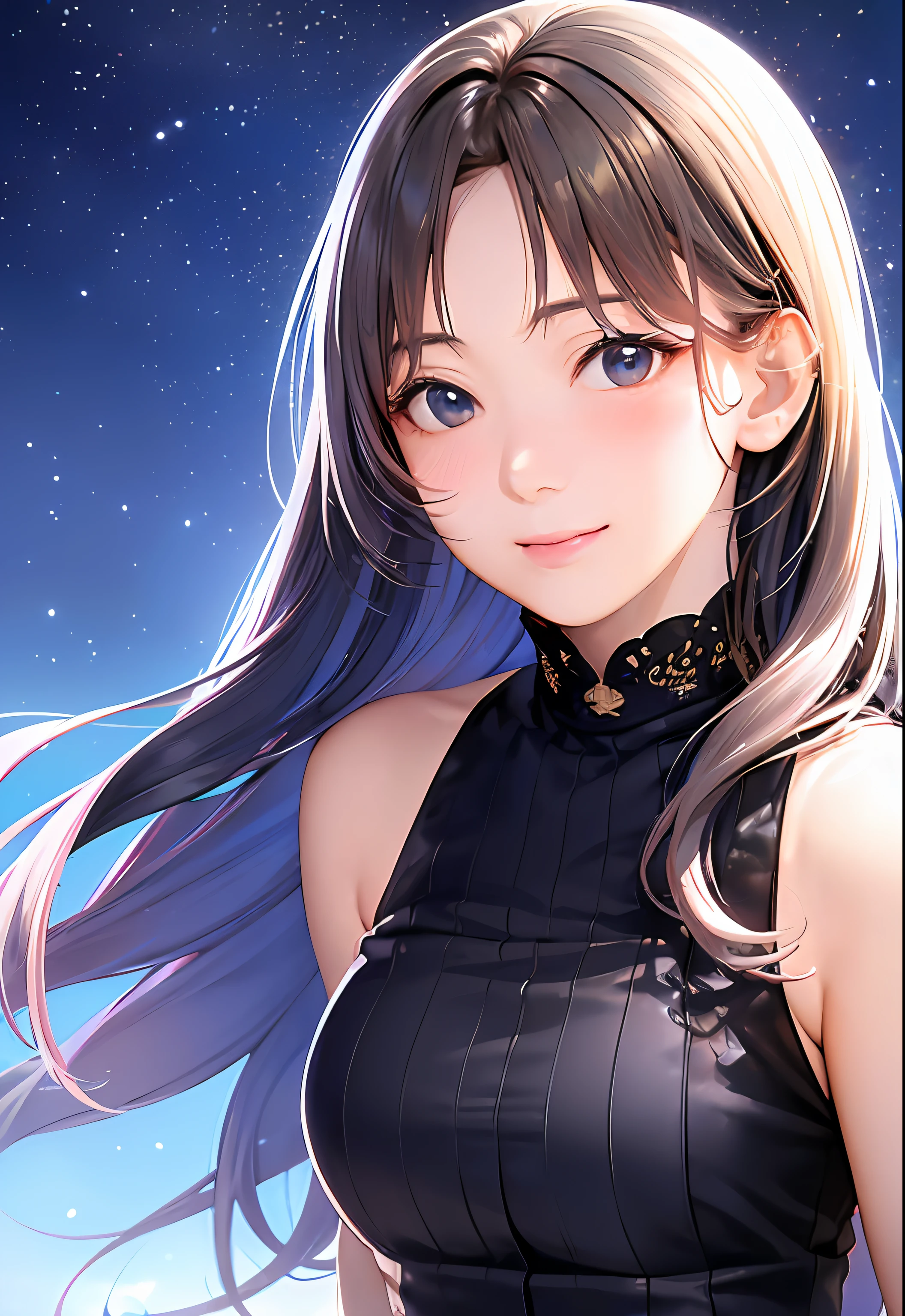 (8K, Best Quality, masutepiece:1.2), (Realistic, Photorealsitic:1.37), Ultra-detailed, 1 girl,Cute, Solo,Midnight,Beautiful detailed sky,Detailed Cafe,Sitting,Dating,(nose blush),(Smile:1.15),(Closed mouth) Small breasts,Beautiful detailed eyes,Floating Hair NovaFrogStyle,backless dress,Pink dress