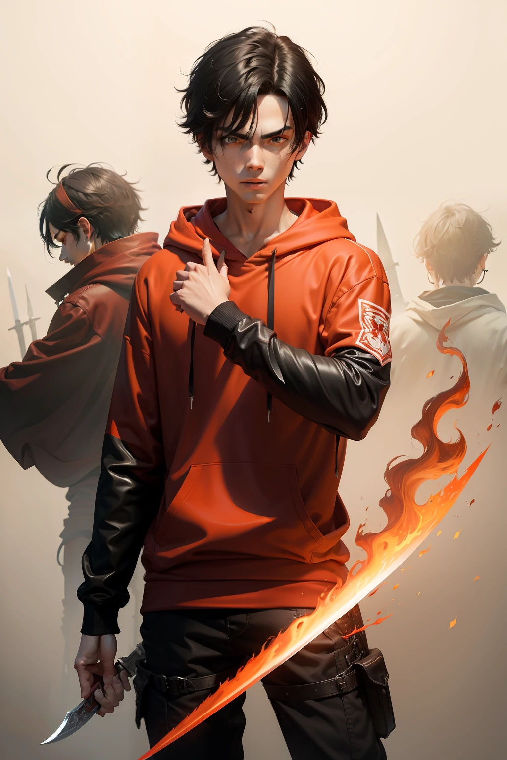 Boy Black Hair Red Hoodie Holding a Sword Blade Flame Masterpiece Correct Displaning Structure White Background Fortitude Normal Human Structure Normal Human Hand Normal Human Facial Facial Proportions Combat Status Orange Pupils
