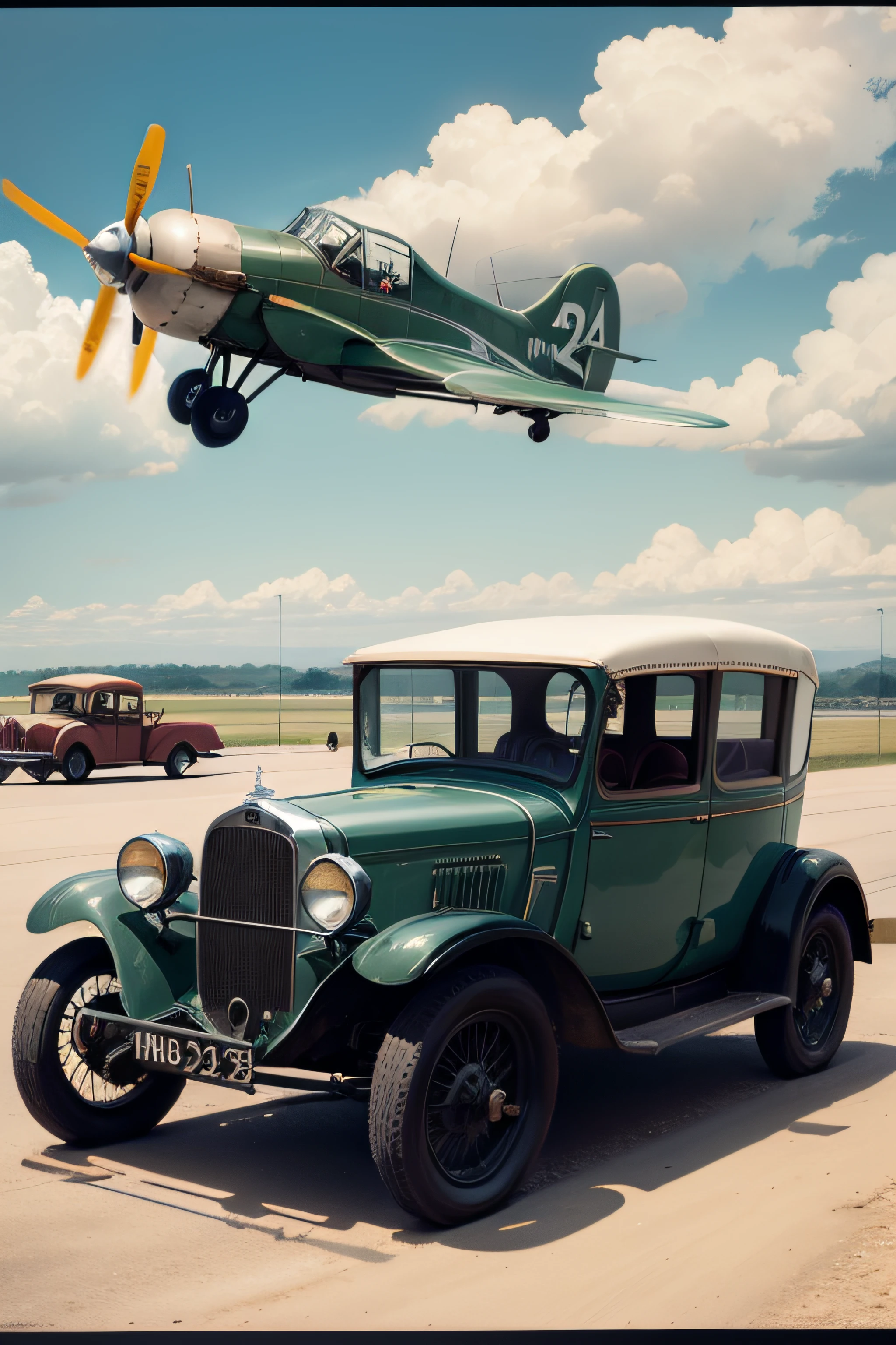 Antique cars with airplanes in the background, pista de pouso, dia ensolarado, velocidade