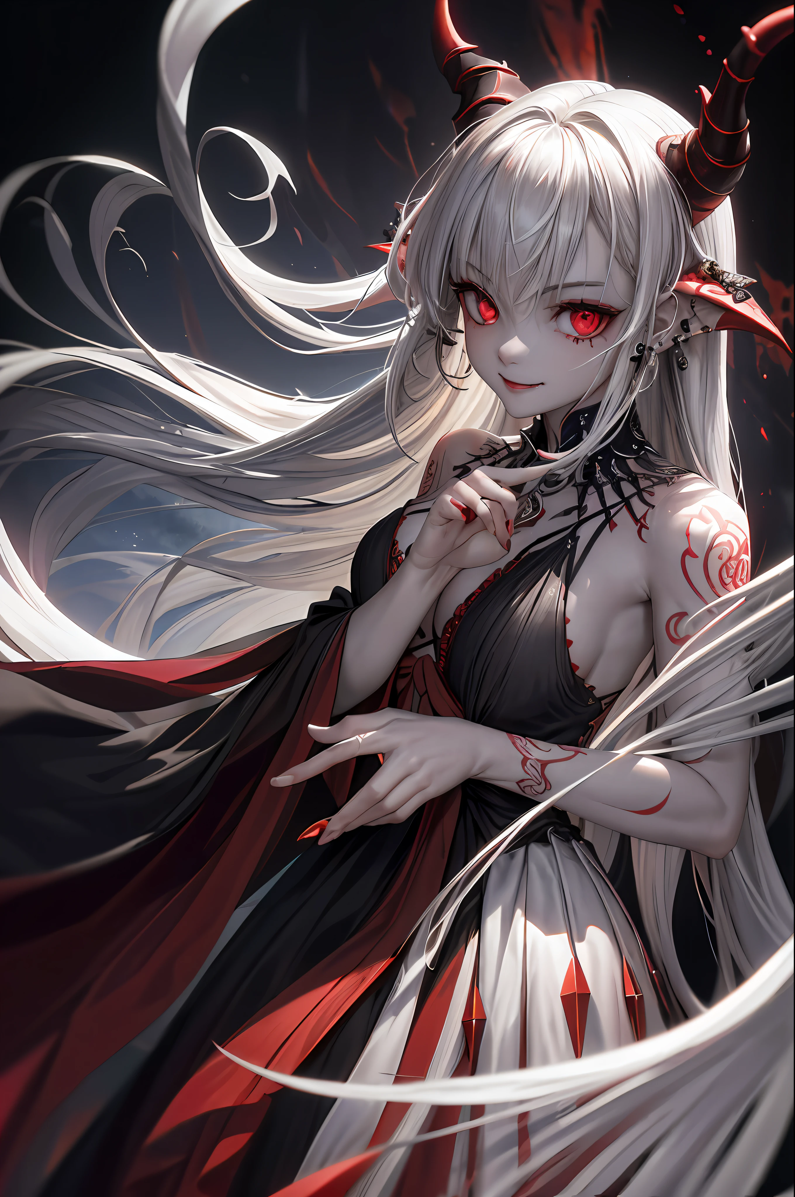 (ashenhard style:1.4), ​masterpiece, top-quality, hightquality,(Has a dark red glow and red eyes、Dark shapeless creatures surrounded by darkness:1.2), (In profile), (Dark:1.2), abstraction, abyssal, awardwinning photo, depth of fields, nffsw, ighly detailed, trending on artstationh, Trending in CGSighbour, Convoluted, high detailing,(​masterpiece:1.2、top-quality)、(The best lighting、extremely delicate and beautiful)、(The best lighting、extremely delicate and beautiful)、(beautifull detailed face)、(Detailed eyes and detailed face:1.2)、((4 finger,Thumb、Detailed hands and fingers,High-resolution hands and fingers:1.2)),random hairstyle,Dark Fantasy, (younggirl, Little beast, 1girl in, 独奏, Crazy smile, pale skin,Pointed ears,19 piercings,((Tattoos all over the body,Tribal tattoos all over the legs)) white  hair, eyes glowing red, Dynamic Angle, Vampires), (Chains in the background,Get a magic circle,Get demons to be summoned), (Devil from Magic Circle)Magic Thunder, tusk,Demon Wings,Demon Horns,Blood on the face,Blood Rain,Blood fog,(depth of fields),highcontrast,（blood splashing：1.4),cowboy  shot,full body Esbian,negligee,Birth,Magnificent stage