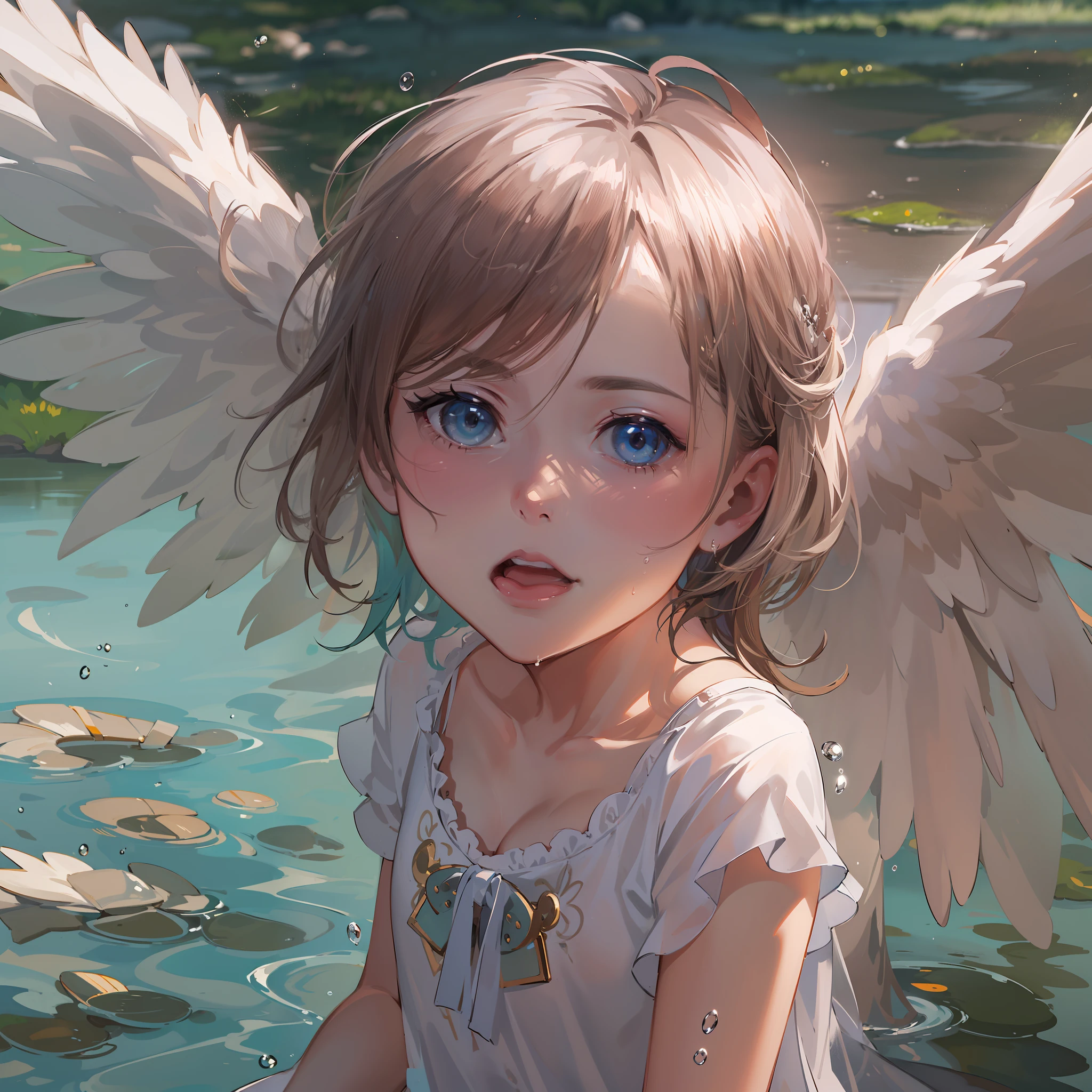Angel with wings on his back:1.1,very cute female child:1.1,8 yo,1 bird,miku hatsune:1.5,Wet and see-through clothes:1.5,Playing by the river,Barefoot,Sweat, Summer,day,Flat-breasted,(4K), (Raw photo: 1.2), (Realism: 1.4), (masutepiece: 1.3), (exquisite detailing: 1.2), Delicate and beautiful details, (Eye Detail), (Facial Detailed), (Highest Quality) :1.4), (Hyper-Resolution: 1.2), (very detailed illustration), Best Quality,depth of fields, Wide light, natural shadows