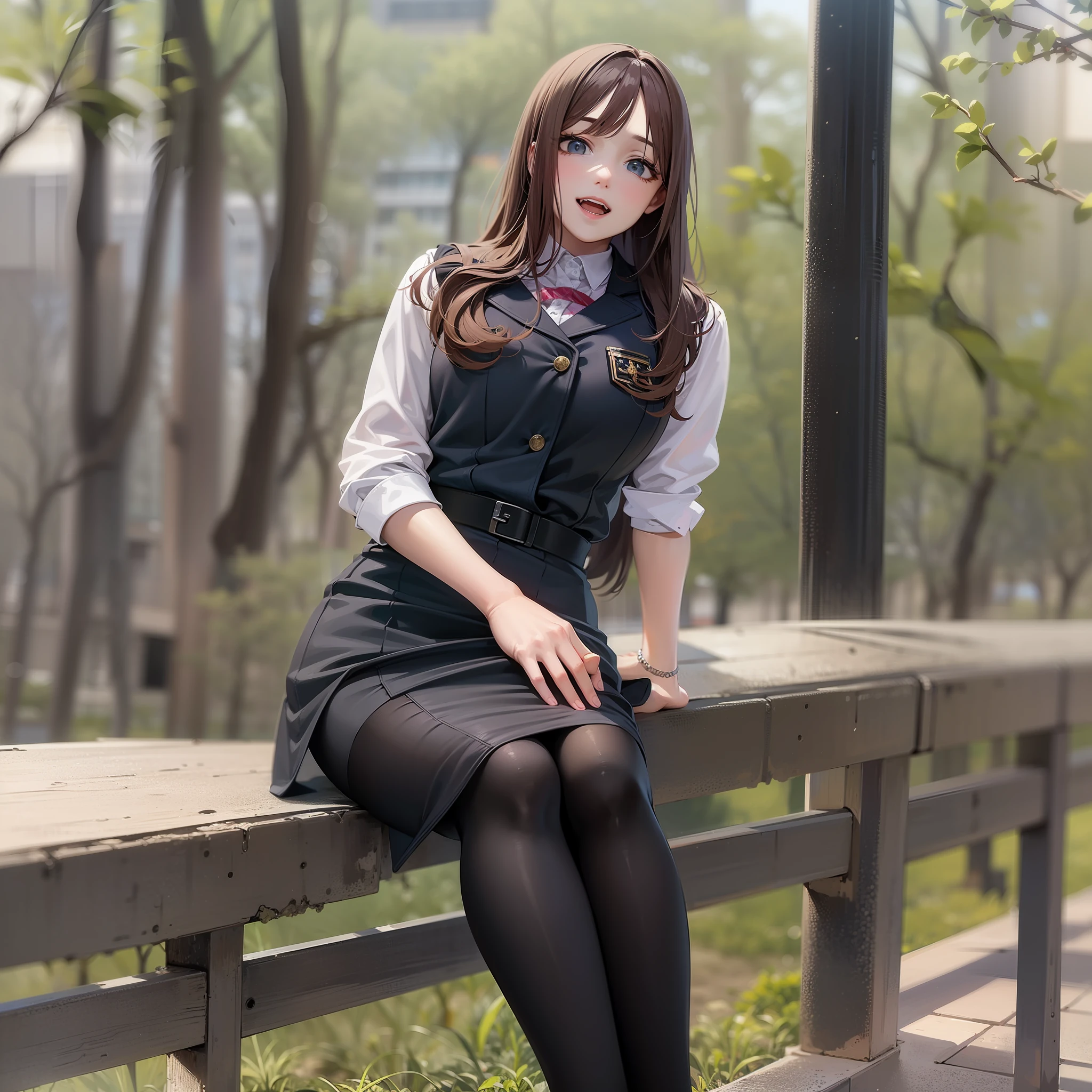 top-quality、Full body portrait、delicated face、cute  face、A 40-year-old woman、slim figure、(Big bust 1.99)、OL Uniform、Office Clothes、Black stockings、Outdoor Scene、Seats