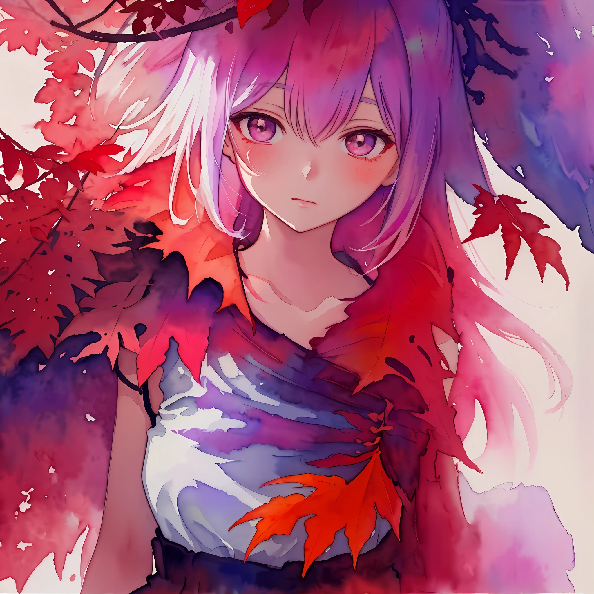 watercolor art,1girl,upper body,bra,watercolor style,wrtcolor style,watercolor splashes,paint splashes ,upper body,liquid clothes , red coloured tree leaves,purple tree leaves, red and purple theme