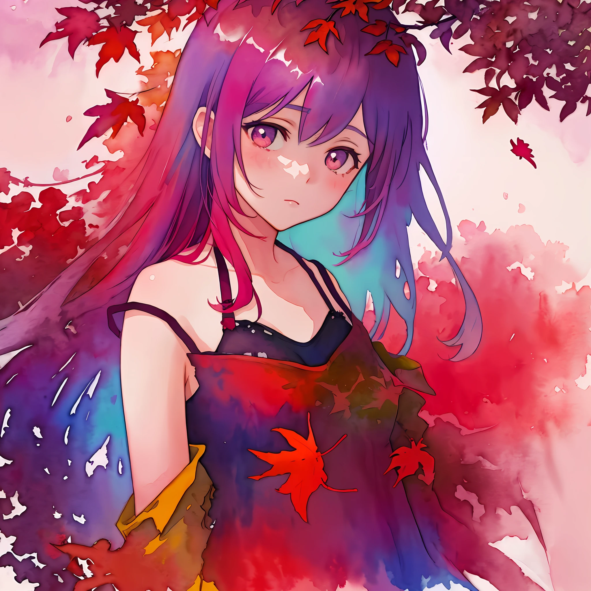 watercolor art,1girl,upper body,bra,watercolor style,wrtcolor style,watercolor splashes,paint splashes ,upper body,liquid clothes , red coloured tree leaves,purple tree leaves, red and purple theme